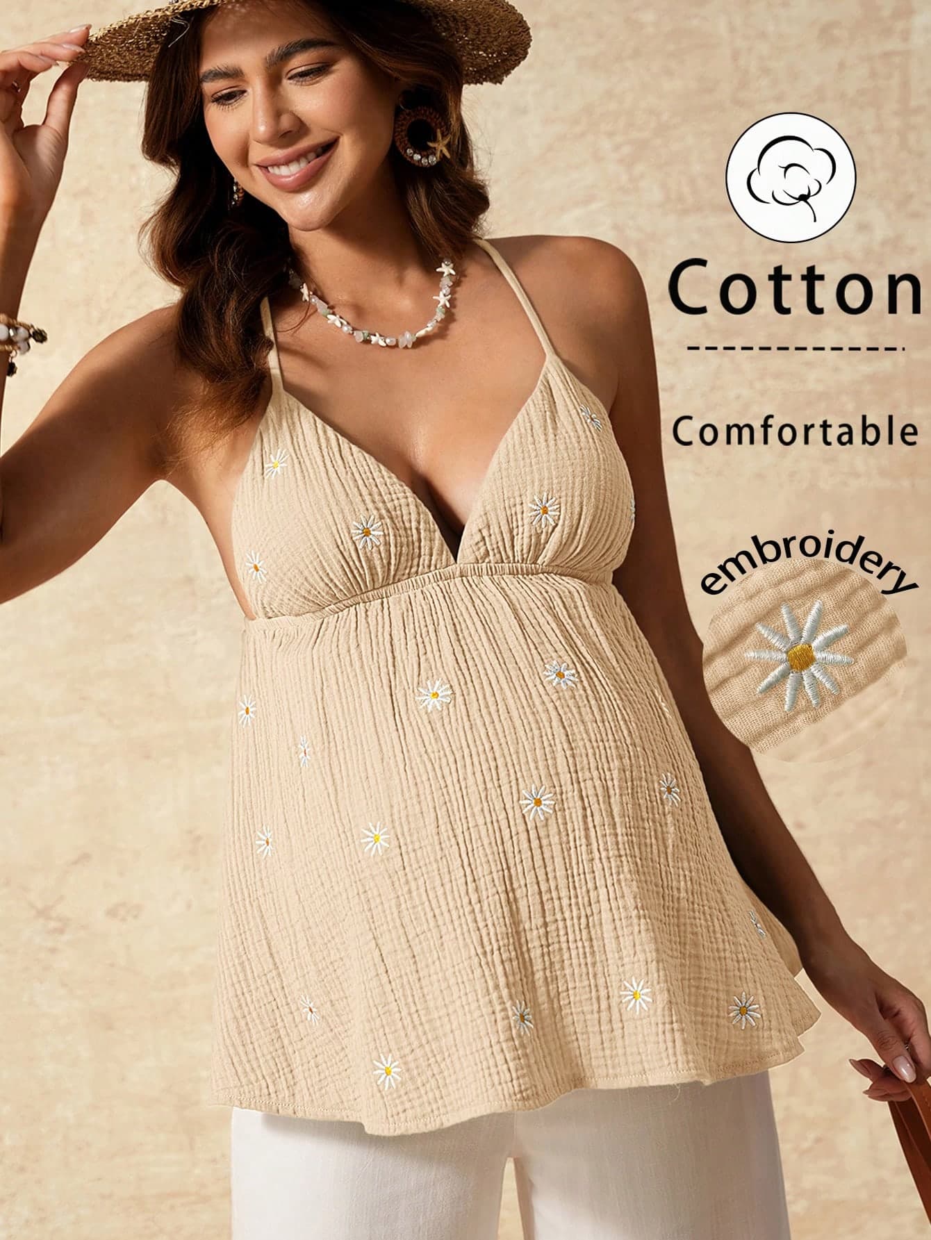 Boho Mama Maternity Floral Embroidery Backless Camisole Cotton Dress White Summer Boho Business Casual Holiday Baby Shower Picnic Tops Zanzea Plus Size Blue