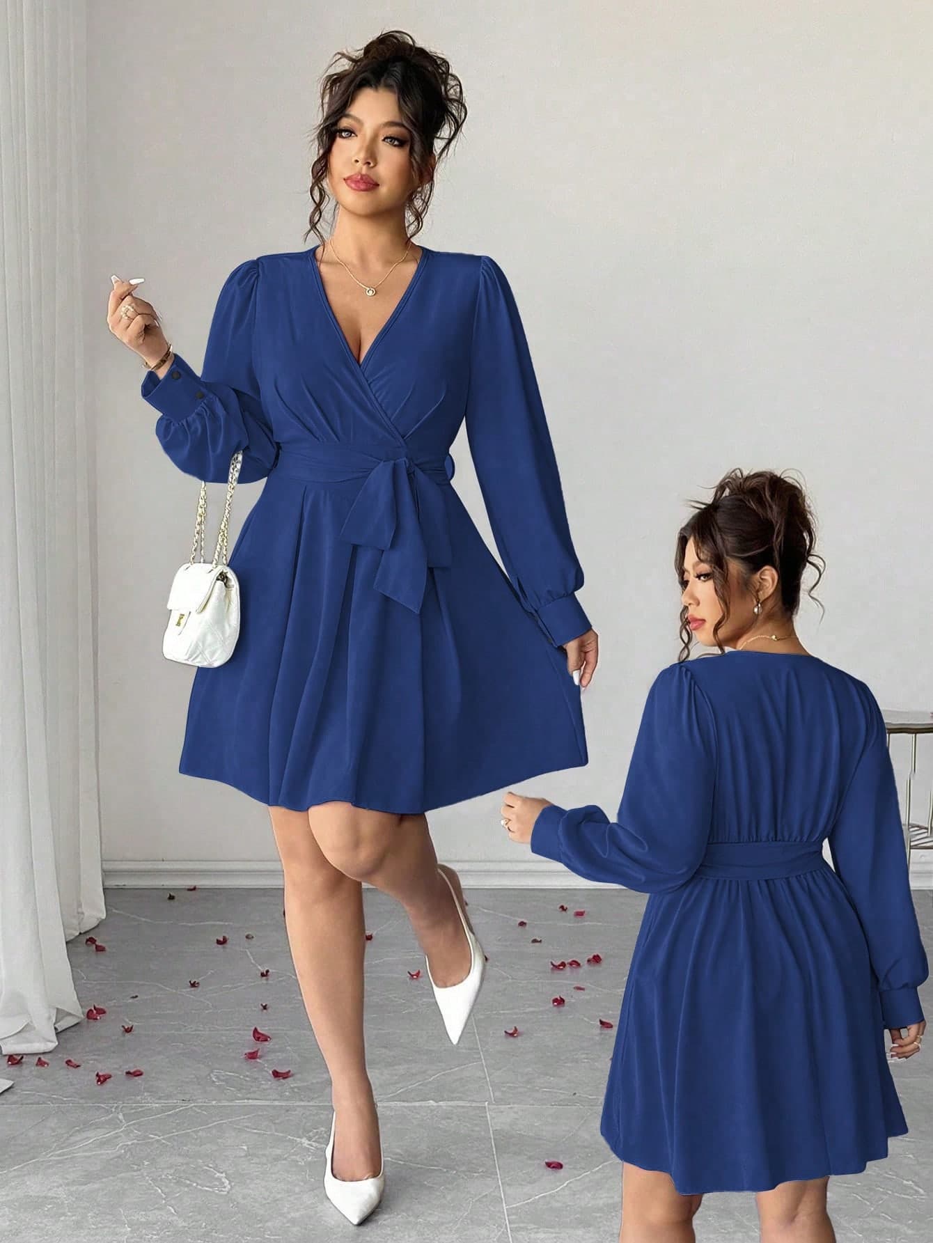 Elenzga Plus Size Women's Royal Blue V-Neck Long Sleeve Dress, Autumn Elegant Wedding Guest Outfit, Bow Tie Waist Flared Curve Dresses For Women Fall