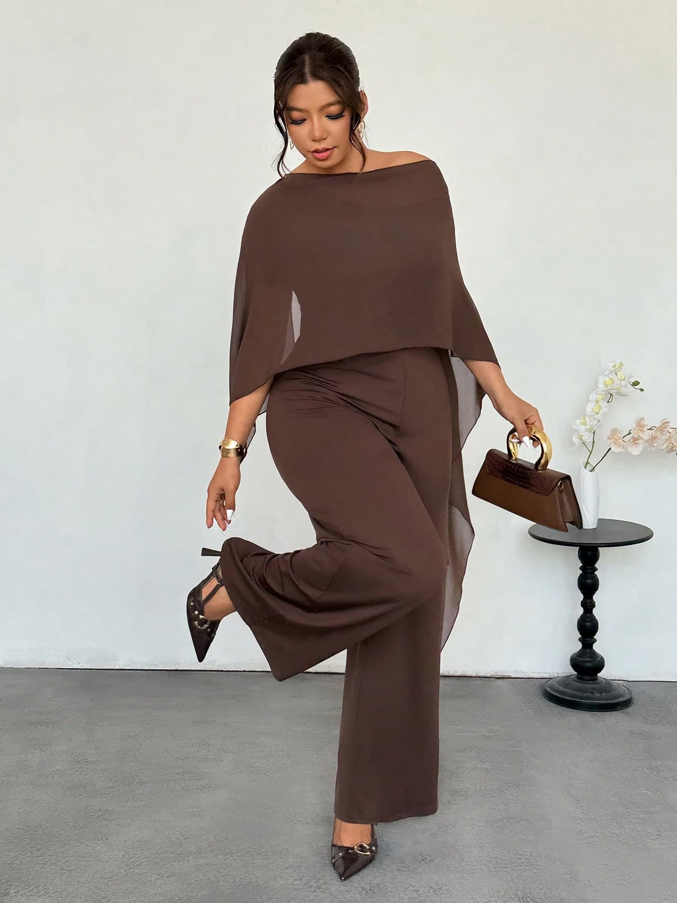 Firerie Plus Size Women's Chocolate Brown Elegant Jumpsuit,Boat Neck Batwing Sleeve Wide Leg Two Pieces Sets For Wedding Guest,Autumn Business Casual Outfits