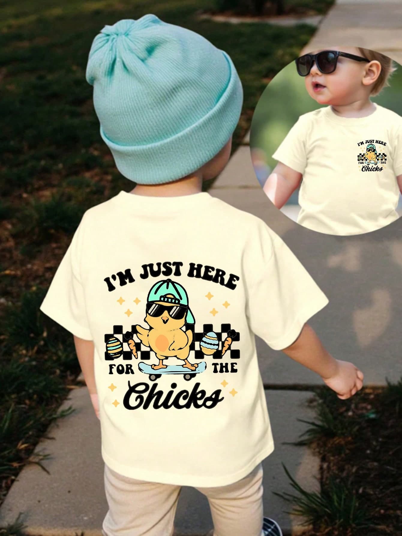 SHEIN Baby Boy Summer Casual Vacation T-Shirt,Cute Round Neck Knit Tee With Rainbow I'M JUST HERE FOR THE CHICKS Easter Chick & Egg Letter Print