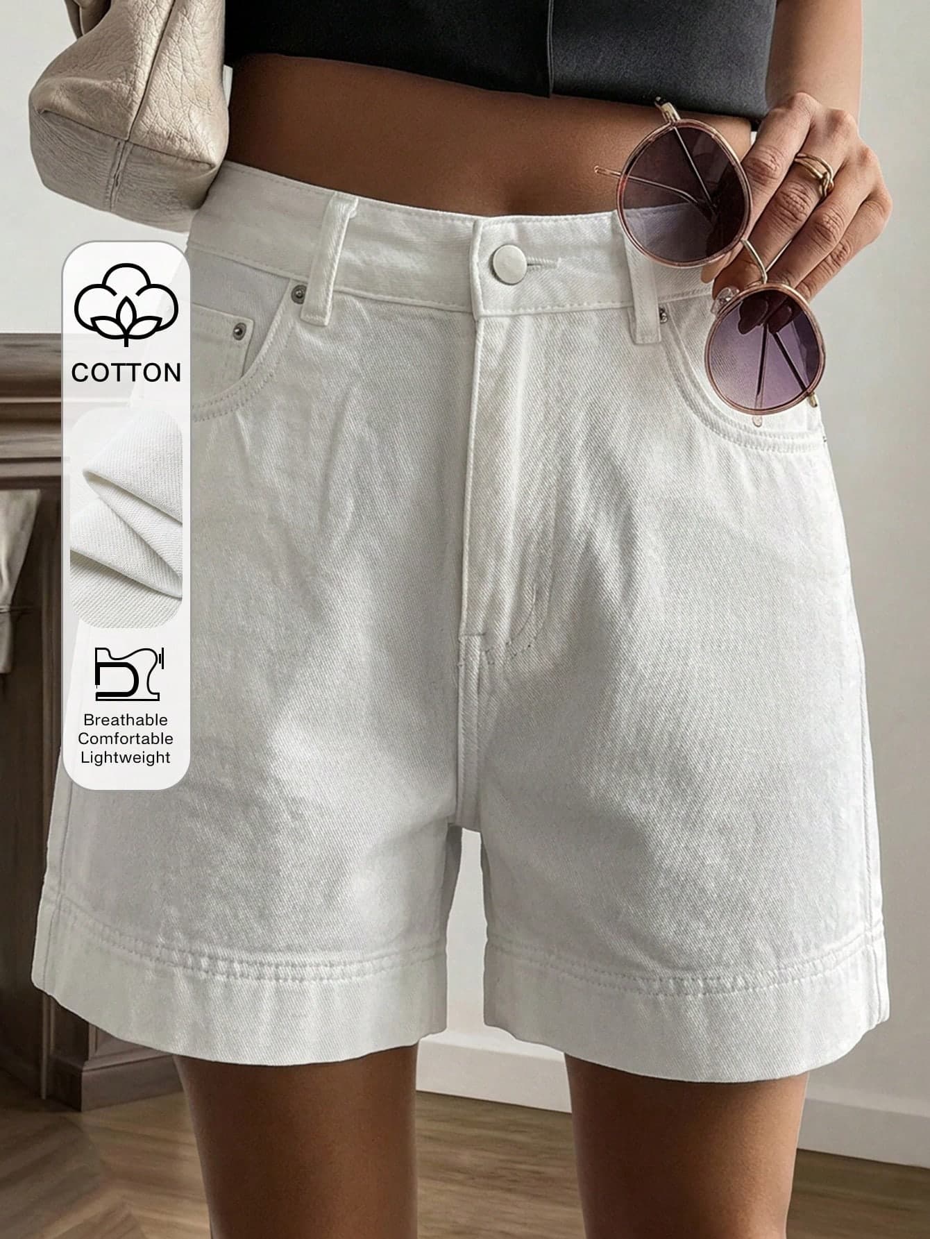 Livesso Women's White High Waist Casual Solid Color Denim Shorts, Summer