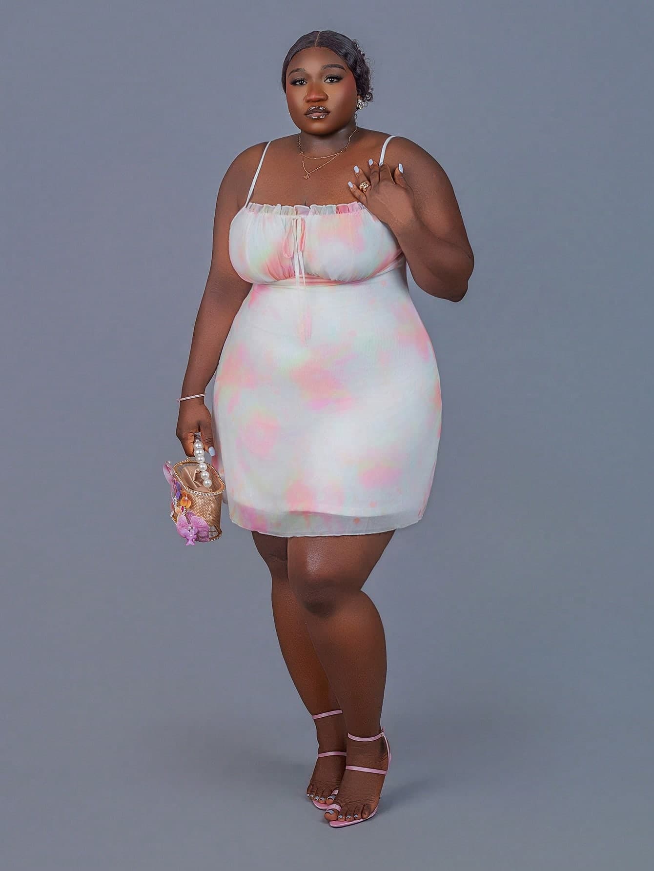 CurvyTilda Plus Size Women's Summer Breathable Mesh Colorful Floral Pattern Ruched Bust Bow Decor Spaghetti Strap A-Line Dress Elegant
