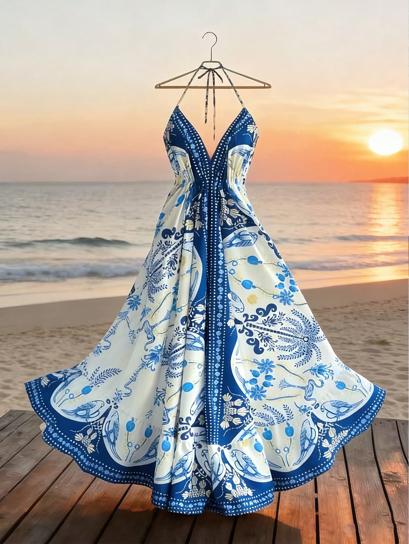 Franclia Women's Elegant Vacation Spaghetti Strap Backless Tie V-Neck Printed Dress, Suitable For Travel And Beach, Summer