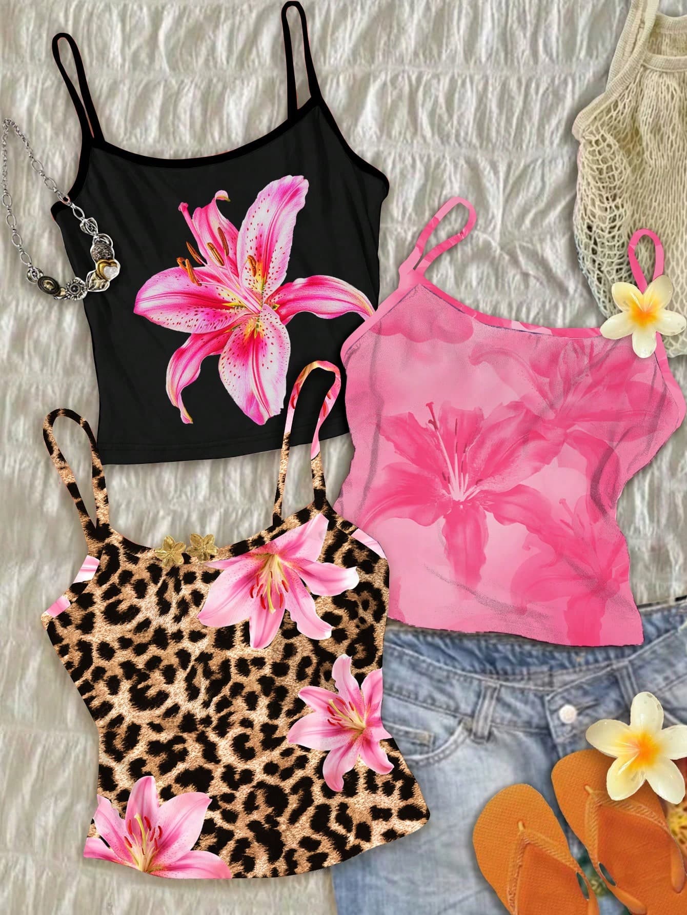 3pcs/Set Tween Girl Pink And Black Polka Dot,Summer,Cute,Beach,Holiday Tropical Hibiscus,Vintage Leopard Lily Floral Print Camisole Crop Tops Hawaii
