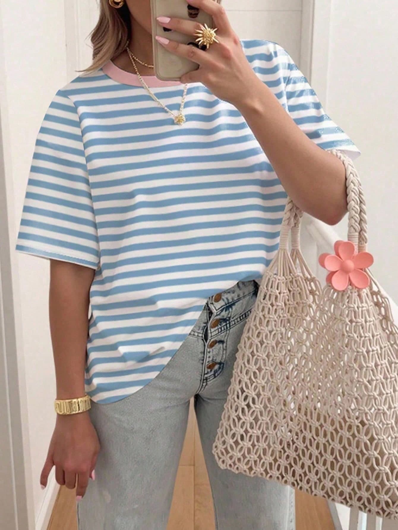 EMERY ROSE Striped Round Neck Casual Short Sleeved T-Shirt, Plus Size Women's T-Shirt, Summer