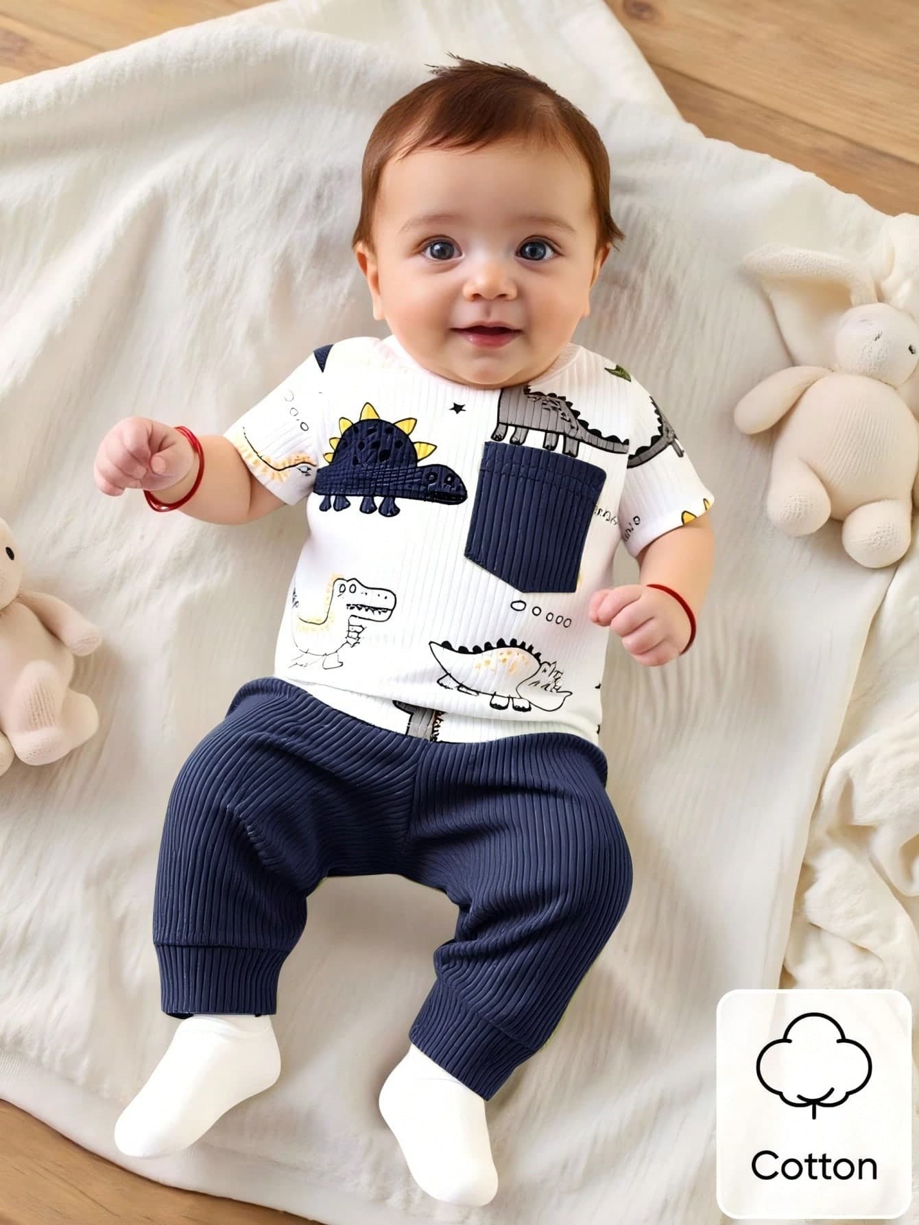 SHEIN Newborn Baby Boy 2pc Clothes Set Cartoon Dinosaur Print Pit Stripe Short Sleeve Top With Pants Navy Blue Summer Casual Work Outfit For Infant Unisex