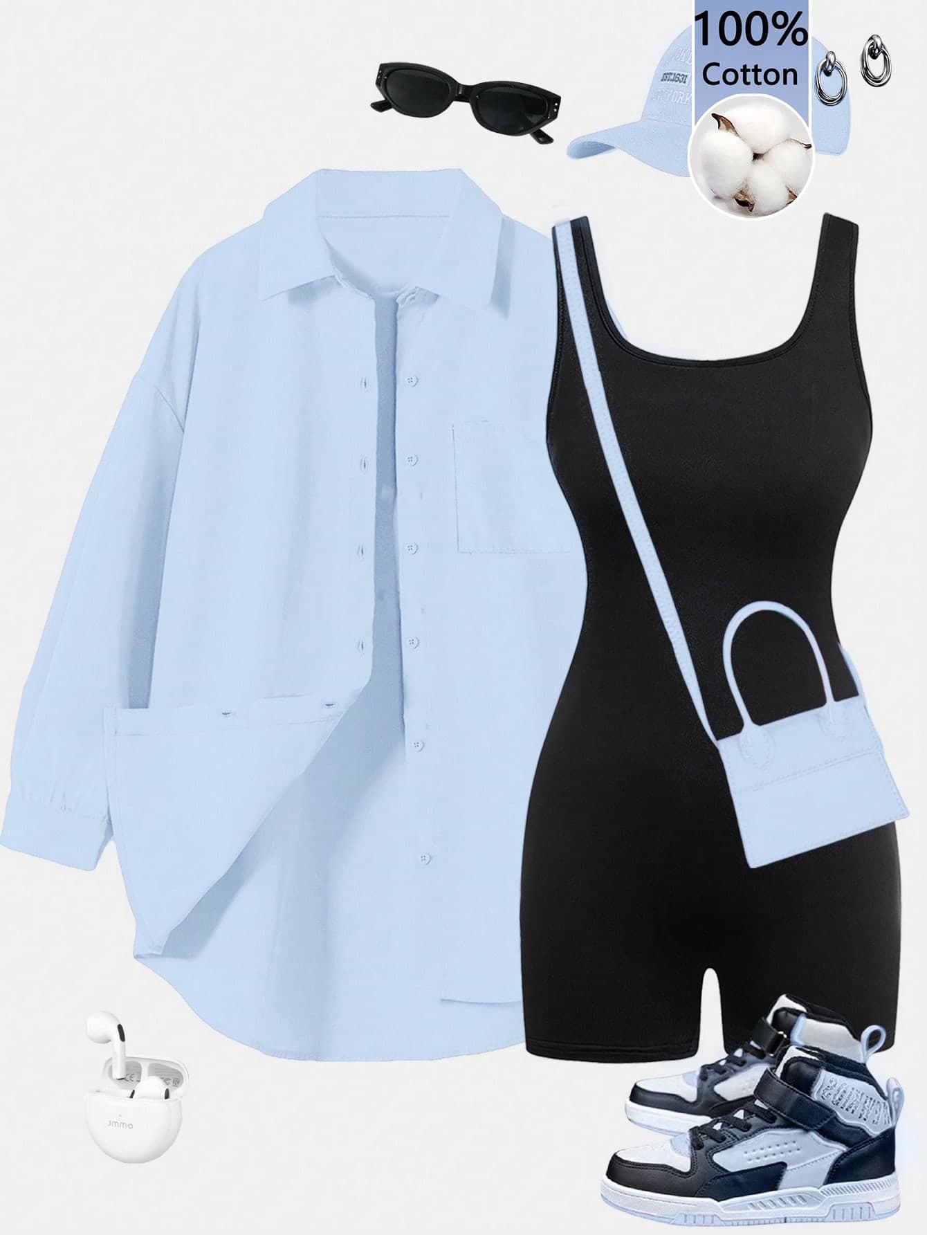 SHEIN Essnce 100% Cotton Light Blue Y2K Streetwear 2pcs Matching Set,Oversized Shirt & Slim Black Bodysuit Shorts,Women's Summer Casual Vacation Athleisure Outfits