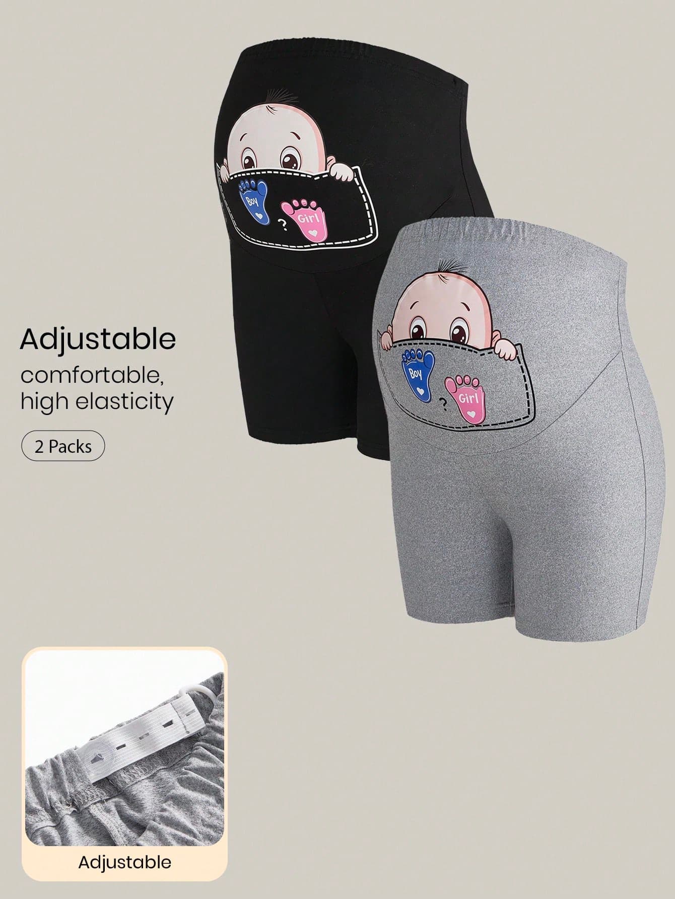 Modmama 2 Packs Maternity Shorts For Women, Summer Casual Cartoon Printed Biker Shorts, Adjustable Waist Pregnancy Yoga Pants, High Elasticity Photoshoot