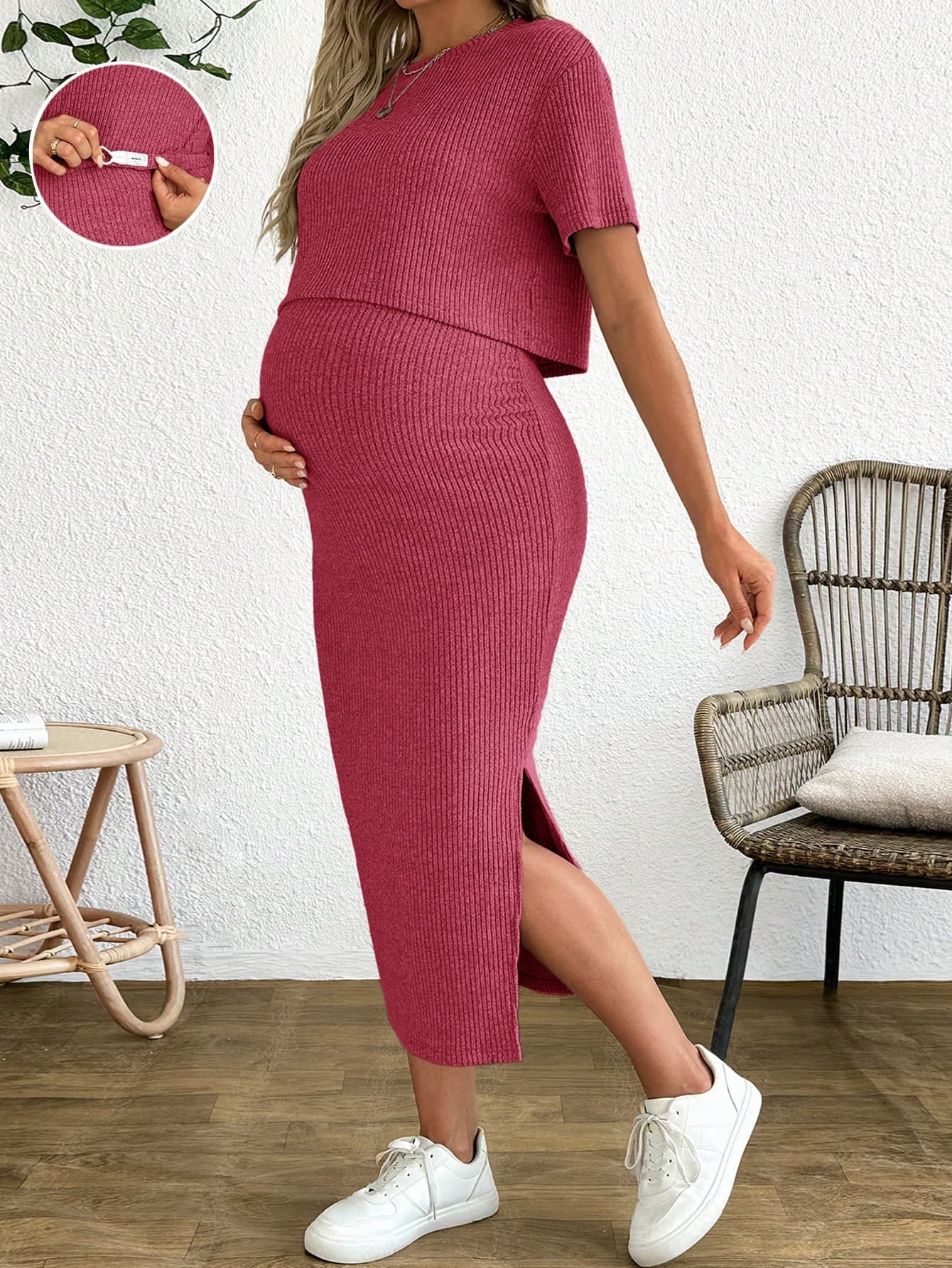 SHEIN 2pcs Maternity Solid Color Knit Ribbed Top & Skirt Set
