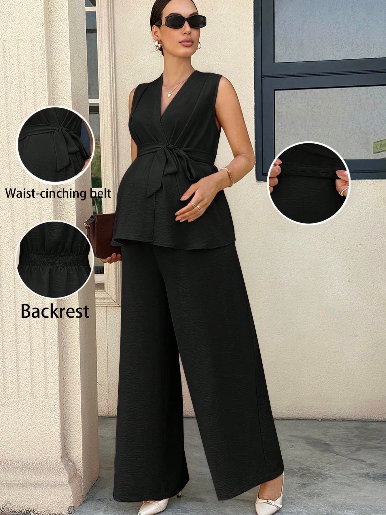 MaterniWear Maternity Solid V-Neck Sleeveless Casual 2 Pieces Set Black Summer Elegant Concert Photoshoot Pregnant Women Pregnancy Clothes Pants And Top Coords