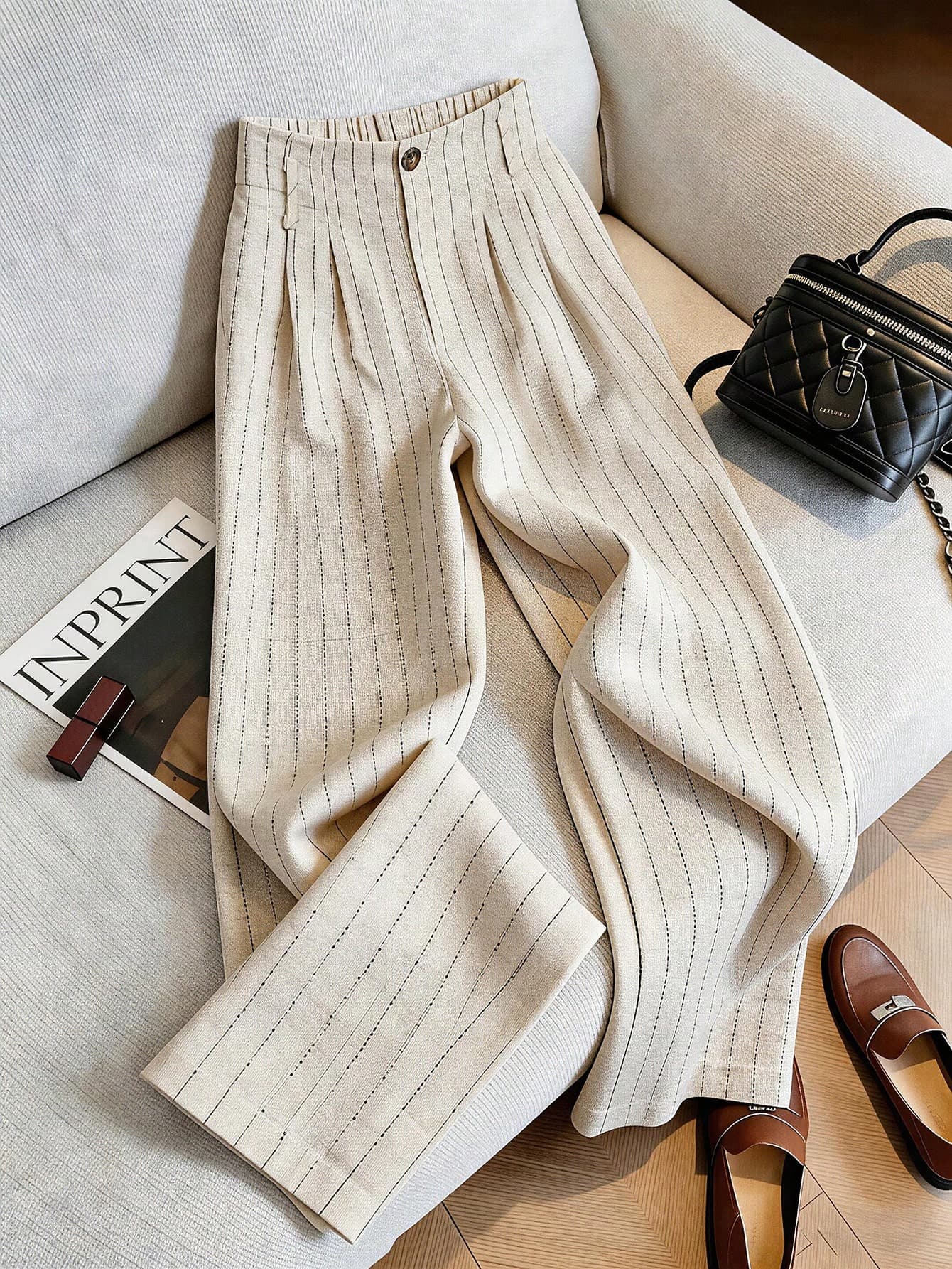 Franclia Women's Striped Pleated Button Casual Versatile Wide Leg Pants For Daily Wear