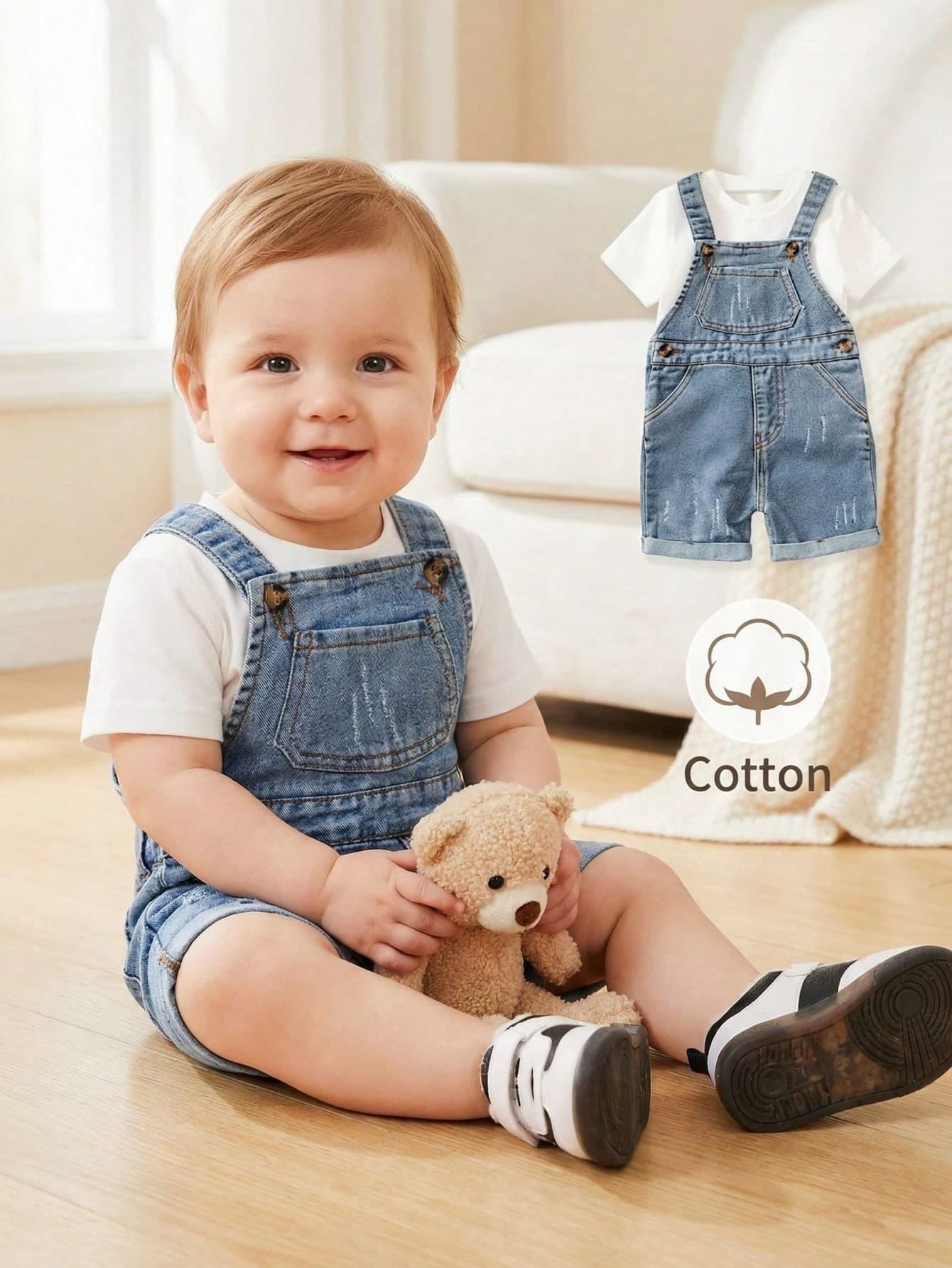 SHEIN Playful Pals Toddler Boys' Retro Blue Washed Denim Bib Overalls,Cute Cotton Sleeveless Ripped Short Pants,Blue And White Stripe,Summer,Casual Korean Style Baby