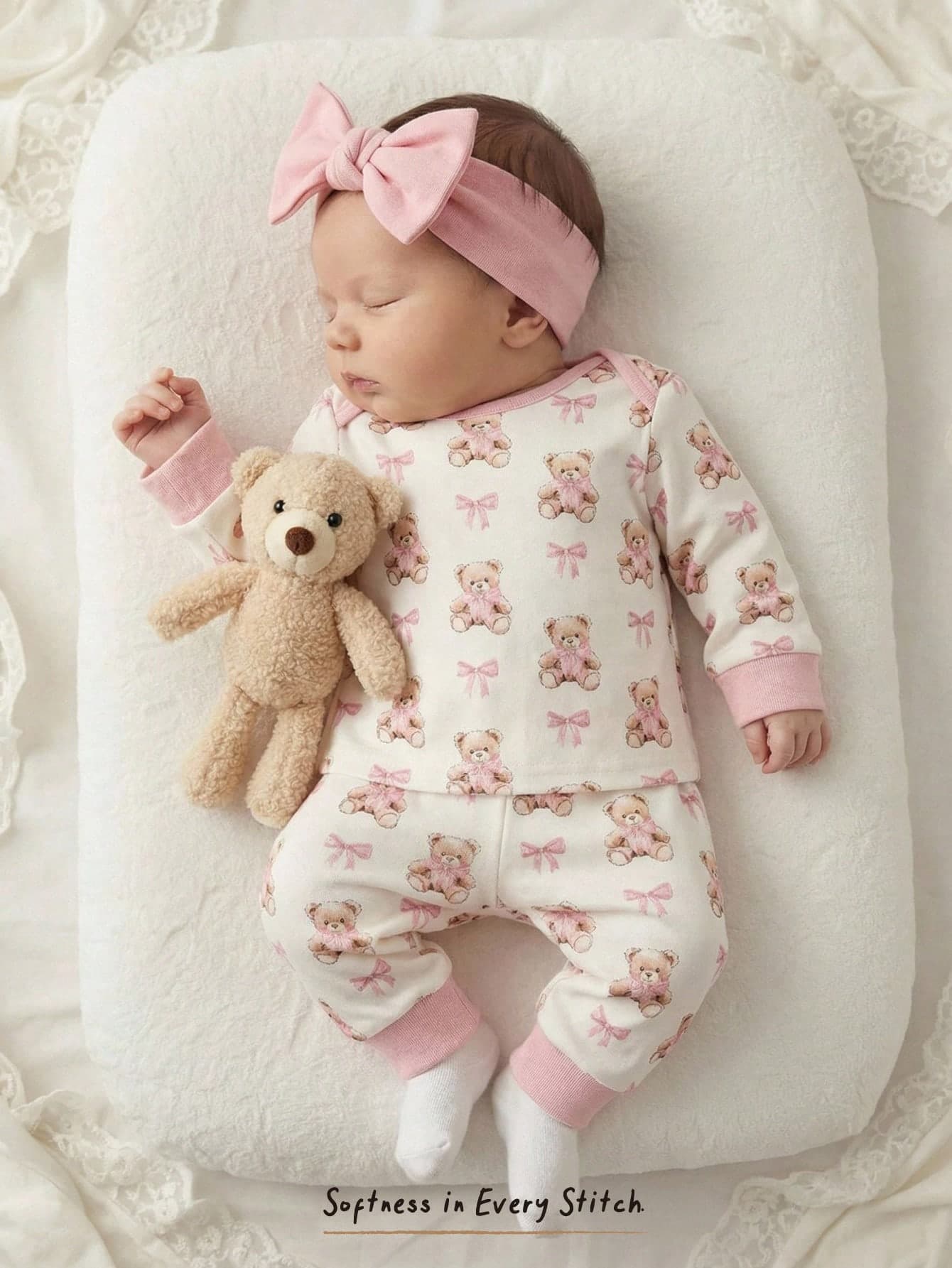 Cozy Pixies Newborn Baby Girl Cartoon Bear Pattern Knit Soft Crew Neck Long Sleeve Top And Elastic Waist Pants 2-Piece Set,Cute White Winter Sleep Sleepwear Pjs