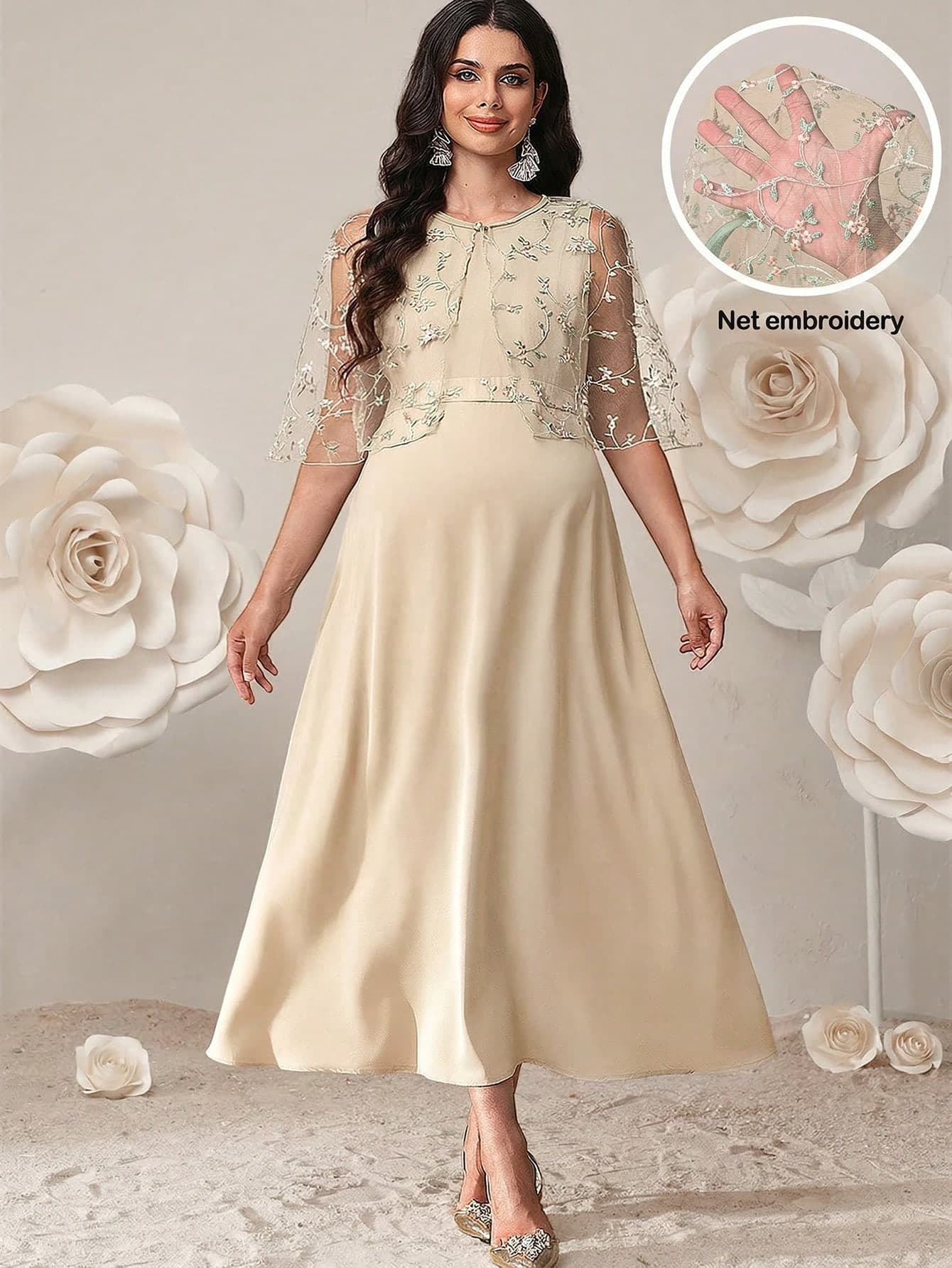 SHEIN 2pcs Maternity Elegant Dress & Embroidered Mesh Jacket Set