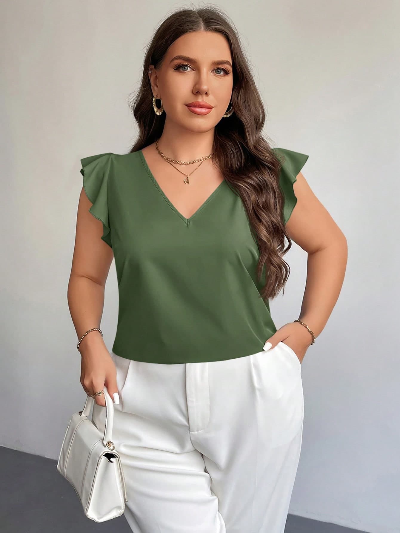 Firerie Plus Size Elegant V-Neck Ruffle Trim Cap Sleeve Red Festive Minimalist Summer Blouse, Suitable For Teachers