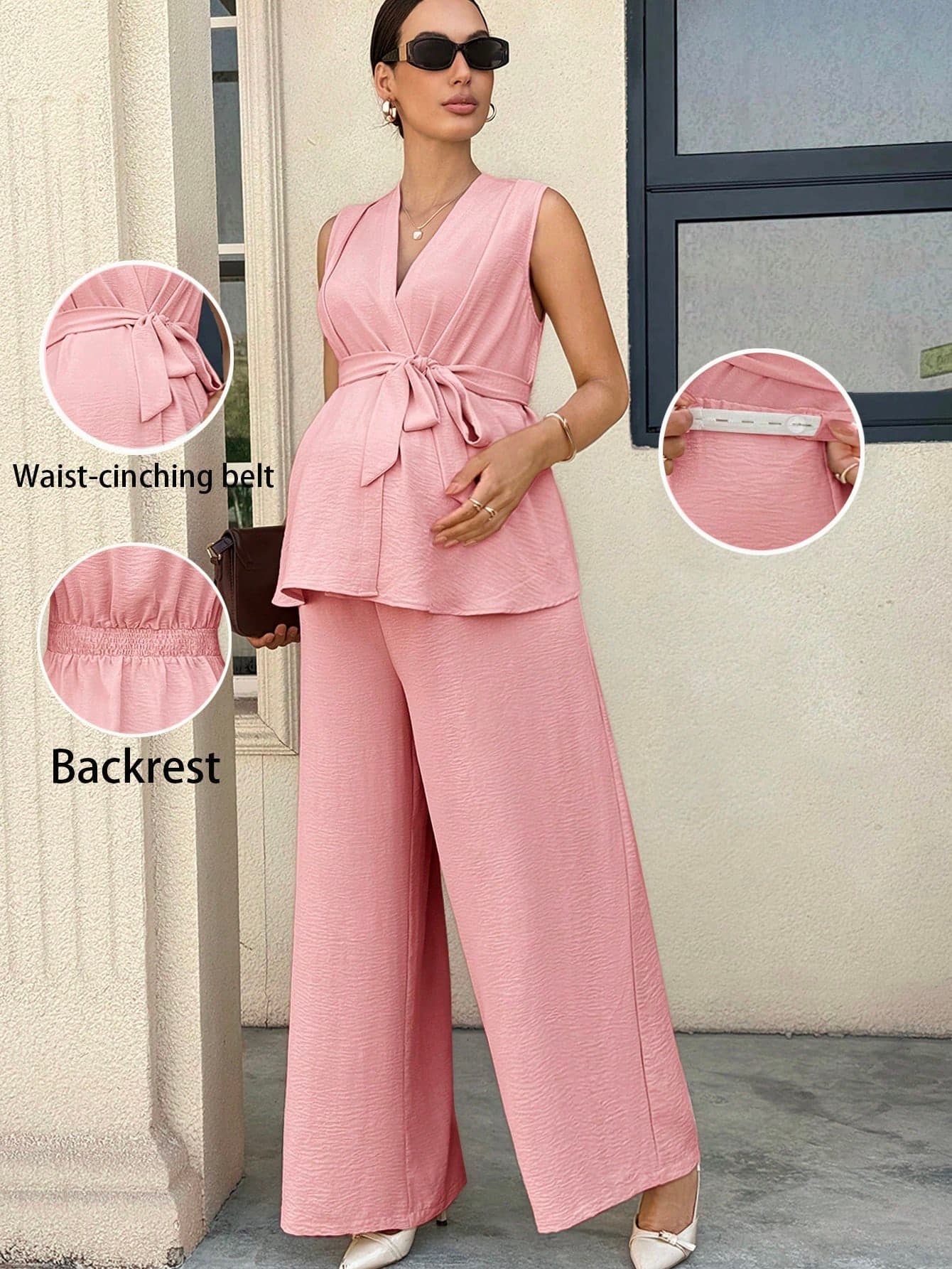 MaterniWear Maternity Pink Summer Casual 2 Pieces Set For Photoshoot, Sleeveless Wrap Top And Wide Leg Pants, Elegant Formal Business Office Wear Outfits