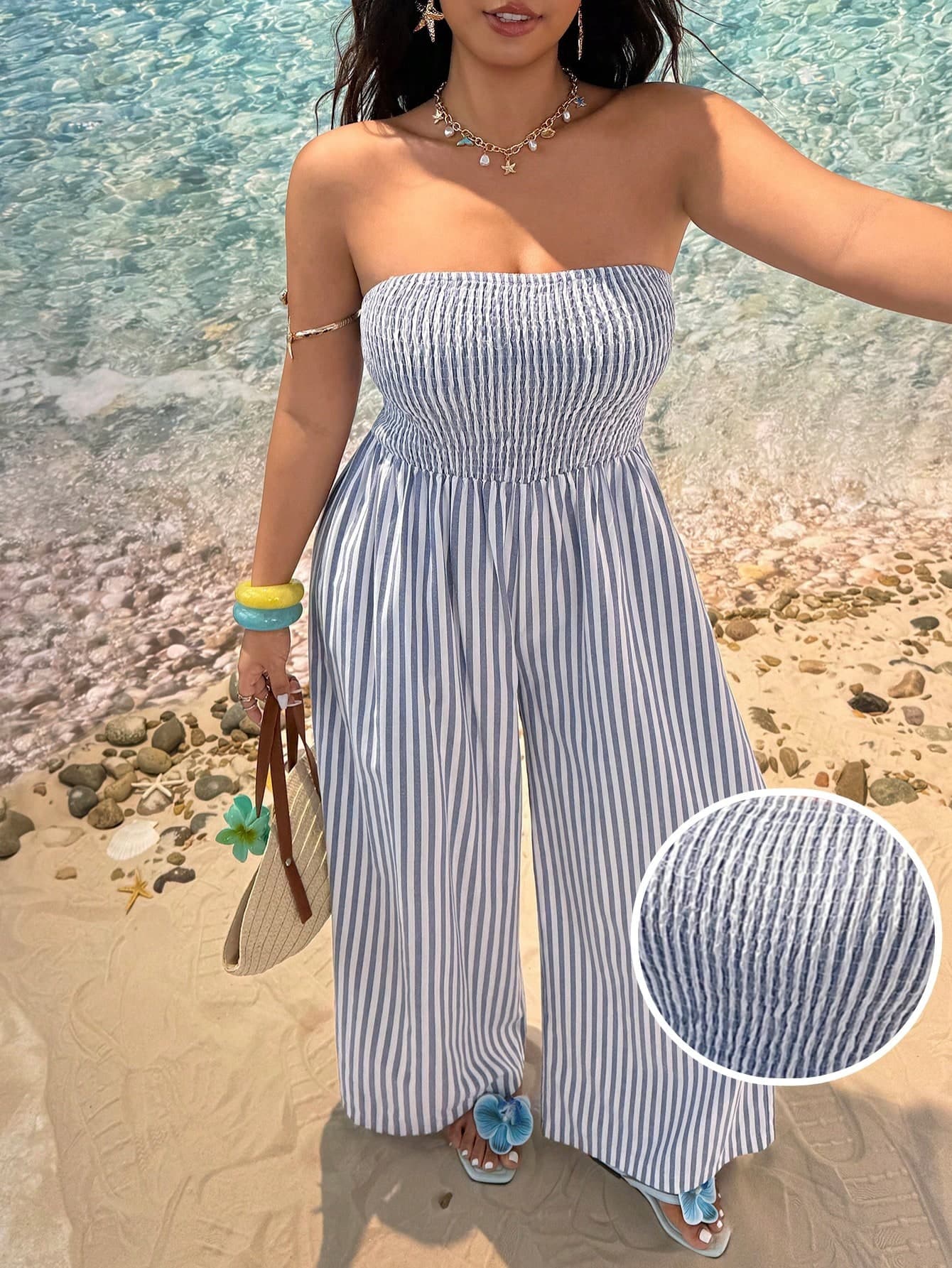 GalTyme Plus Size Women Vacation Halter Design Wide Leg Blue Striped Jumpsuit Gingham Women's Summer Co-Ord Strapless Co Ord Beach Outfit For Set