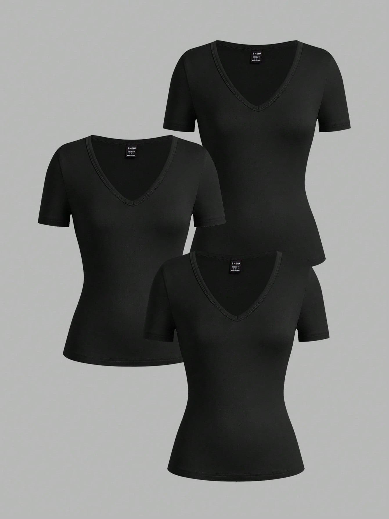 SHEIN EZwear 3pcs Women's Deep V-Neck Black Tight Casual Short Sleeve Basic Layering T-Shirt Set,Summer Fitted Tops Everyday Tees,3 Pack Basic Tops For Women