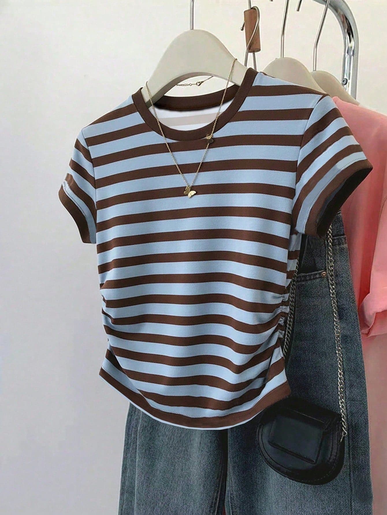 Teen Girls Striped Print Knit T-Shirt,Y2k Casual Tee For Summer,Graduation Graphic Tee,Back-To-School Basic Style Comfortable Relaxed Kids Fashion
