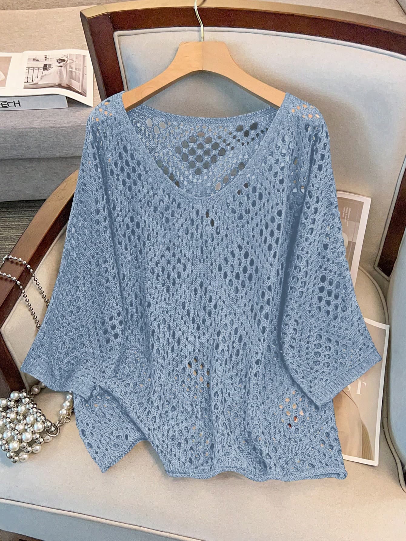 GlowEve CURVE Plus Size Women's Perforated 3/4 Sleeve Knit Sweater Fall