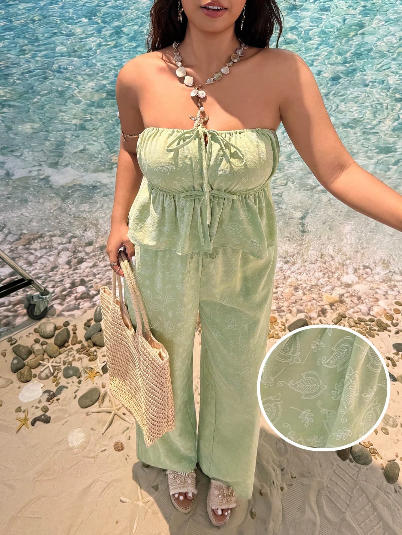 SHEIN EZwear Plus Size Women's 2 Pieces Camisole Pants Sets,Sage Green Summer Boho Vacation Holiday Beach Outfits Lounge Co Ord Beach Jumpsuit Cover Up