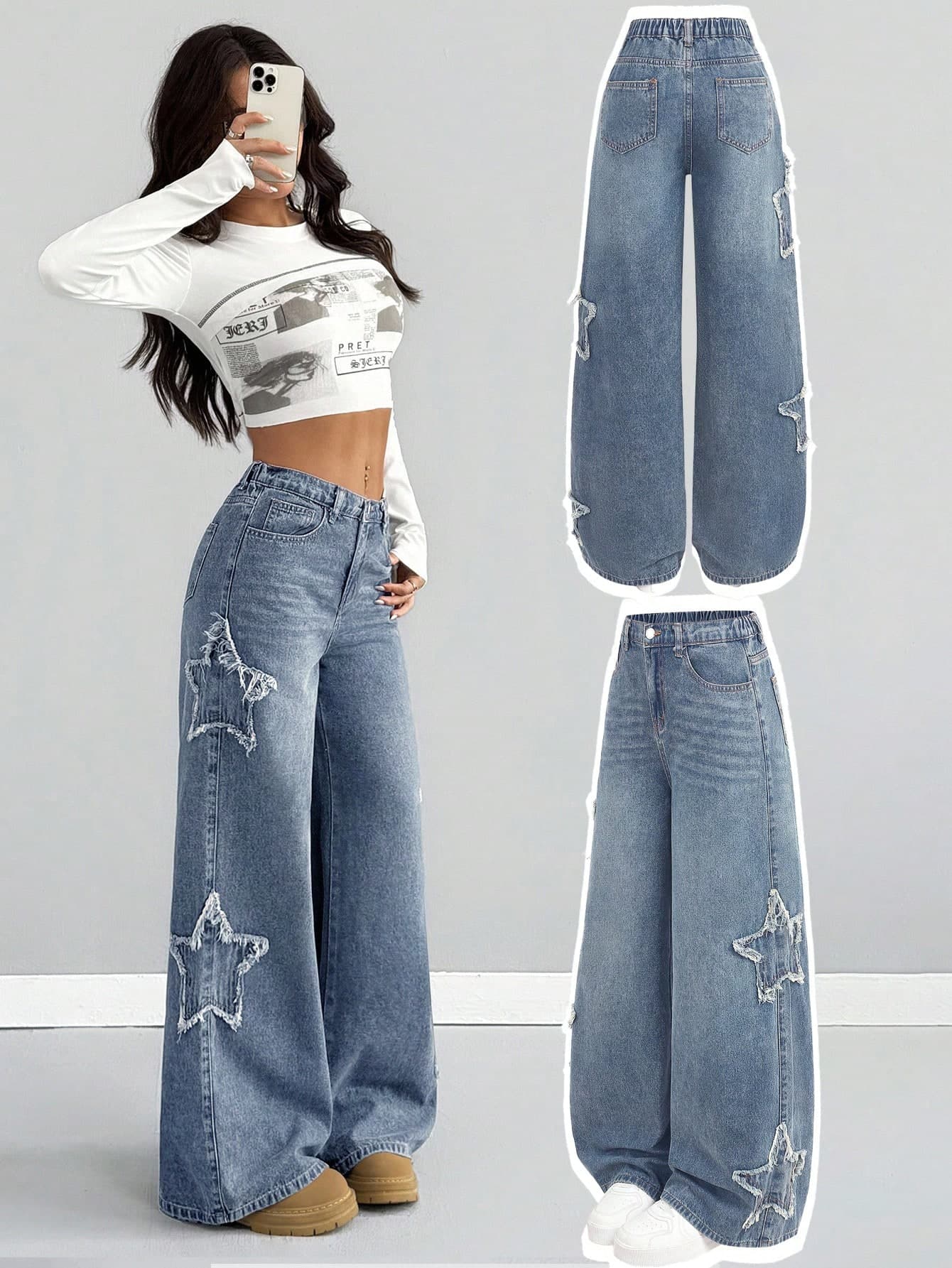SHEIN Girlism Teen Girl Fashion Casual Y2k Vintage Cool Street Returns To School College Fringed Star Patch Design Blue Denim Loose Wide-Leg Jeans Soft Dailywear And Teen Girl Winter And Fall Rave Festival And Streetwear School