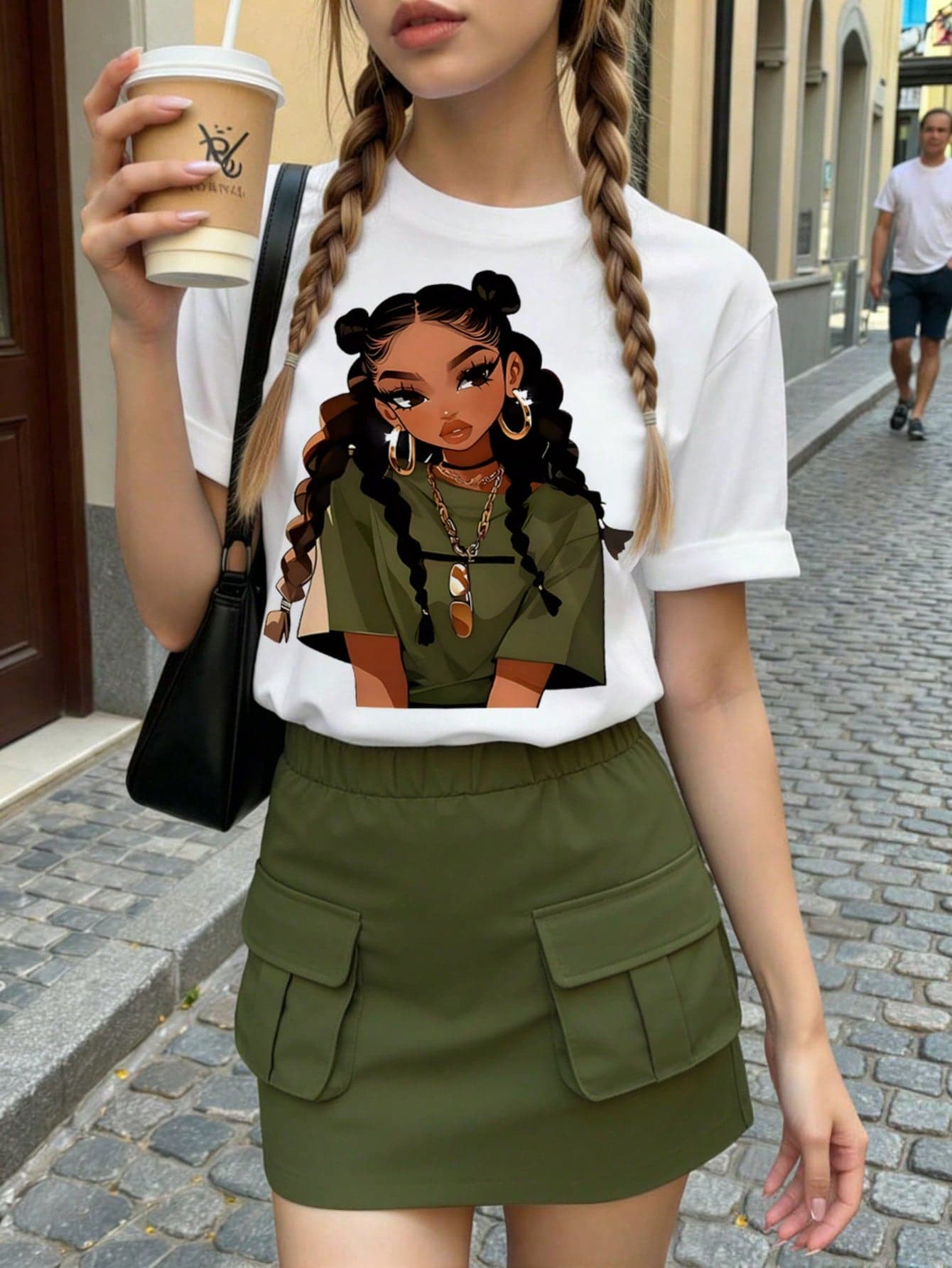 2pcs/Set Girls' Green And White Summer Streetwear Holiday Casual Fashion Short Sleeve T-Shirt Paired With Cargo Skirt,Cute Girl Pattern Design,Gift