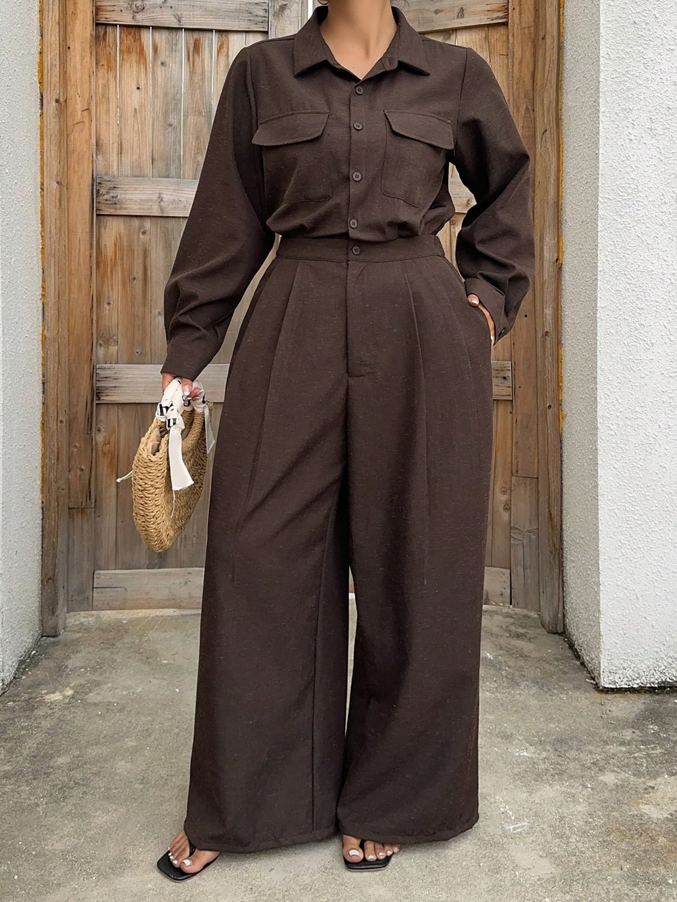 Dazy Plus Plus Size Women's Loose Brown Autumn Smart Casual Jumpsuit,Lightweight Everyday Business Casual Office Street Wear Lounge Sets With Large Pockets