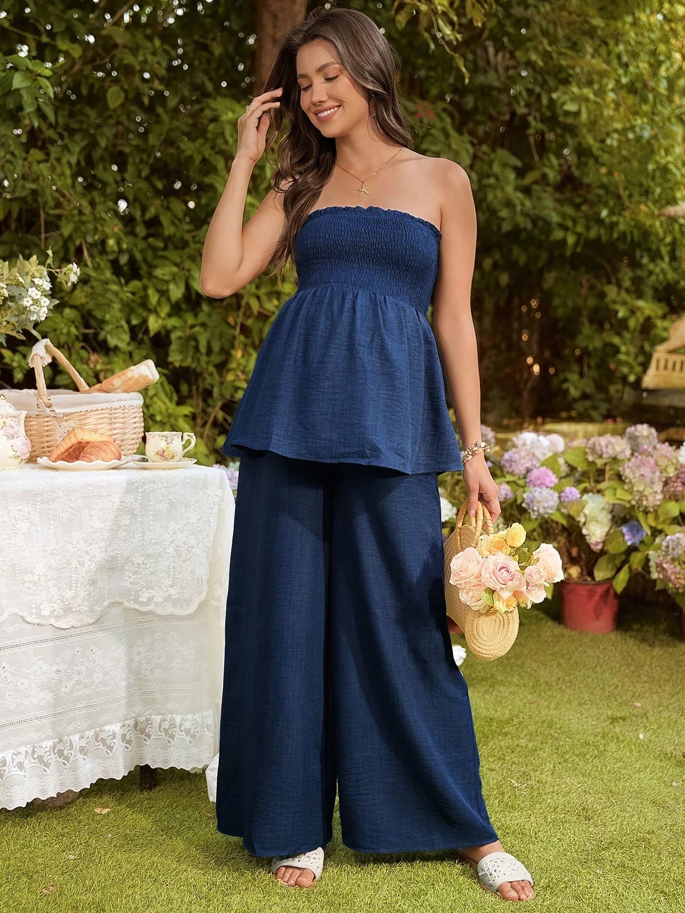 SHEIN 2pcs/Set Pregnant Women Solid Color Pleated Tube Top And Wide Leg Pants Casual Daily Outfit