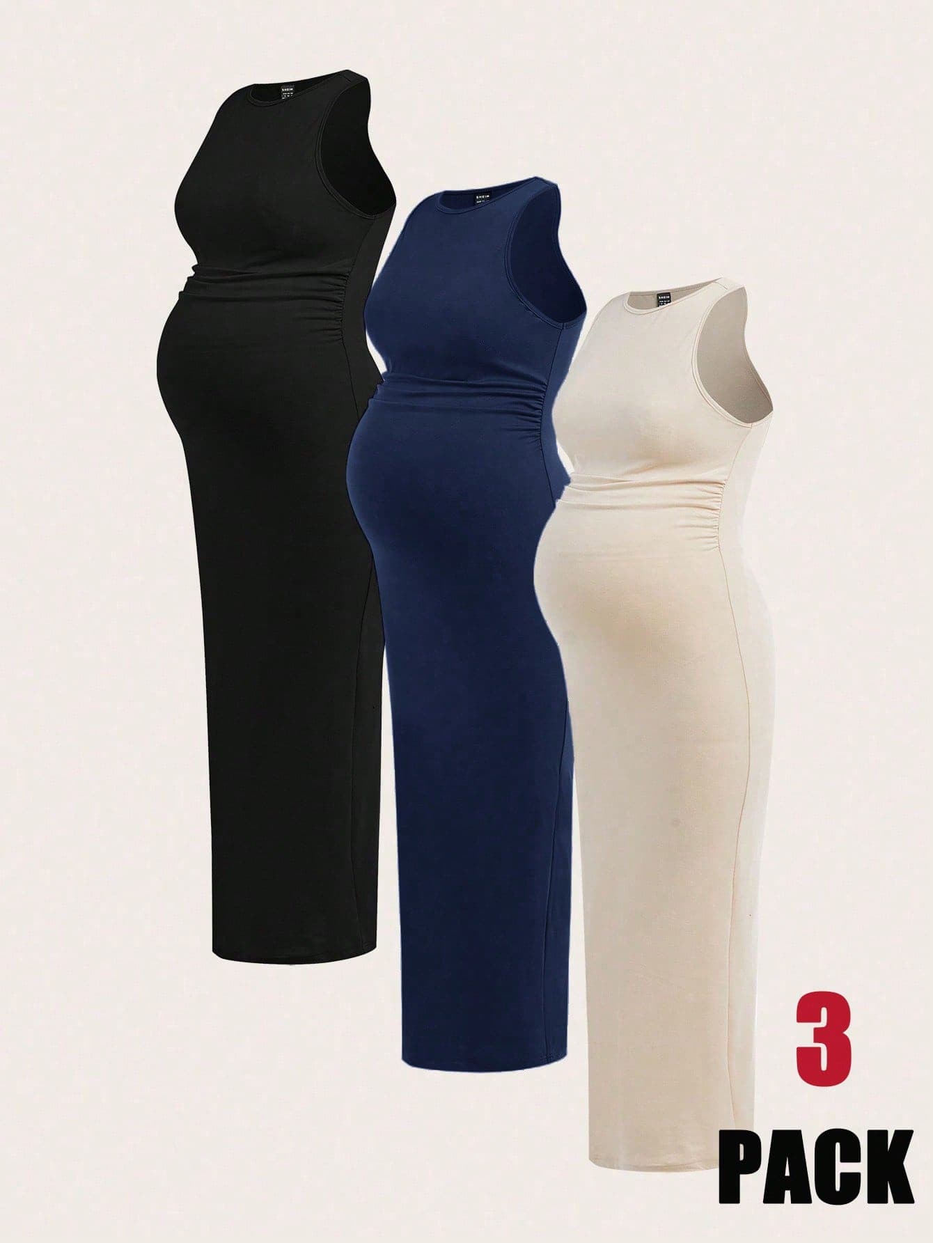 SHEIN 3pcs Maternity Solid Color Round Neck Pleated Fitted Casual Sleeveless Dress Set