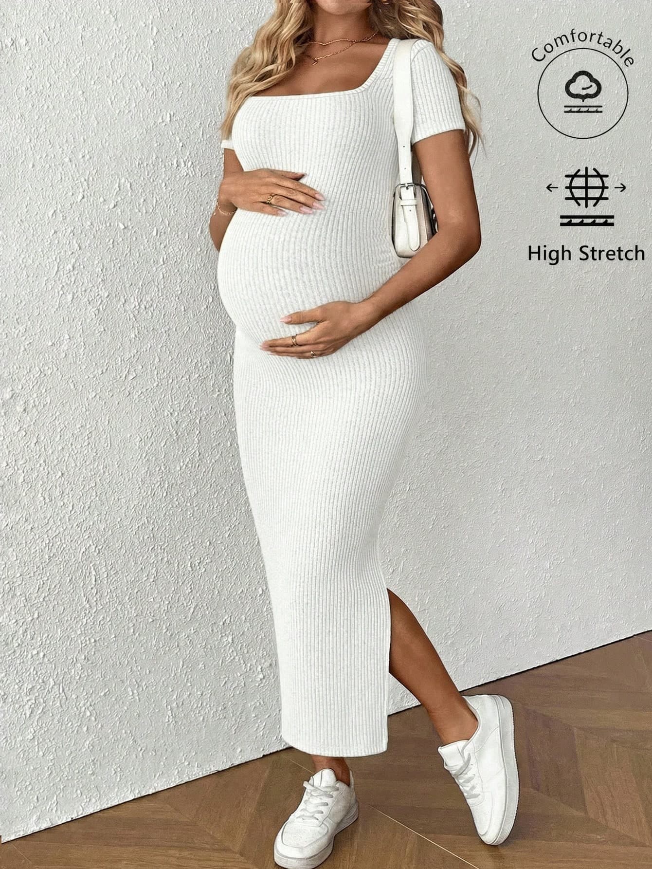 SHEIN Maternity Casual Solid Color Side Slit Fitted Dress, Summer