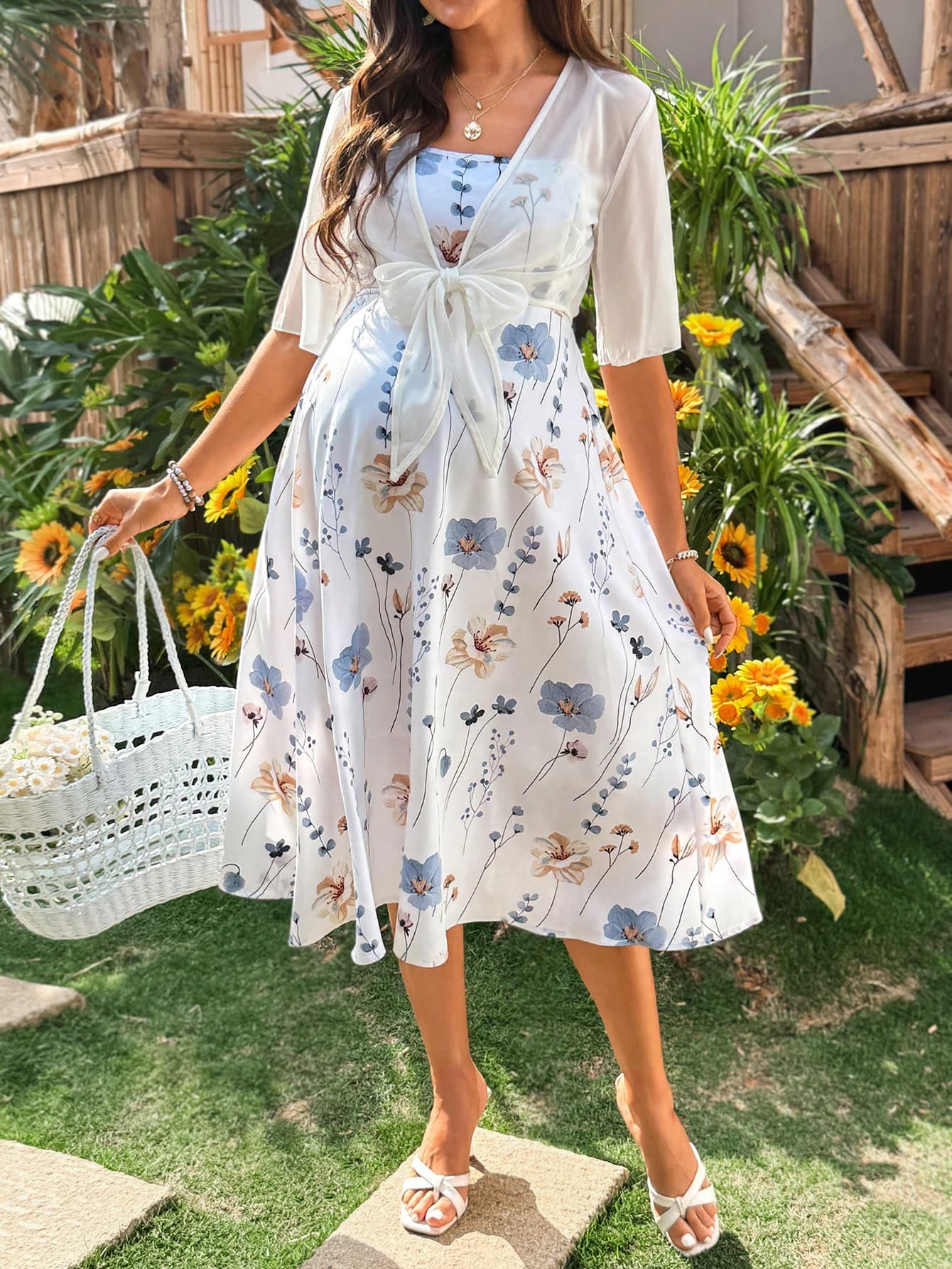 SHEIN 2pcs/Set Maternity White Summer Holiday Wedding Guest Holiday Tie Front Cover Up And Floral Print Camisole Midi Dress Baby Shower Pregnancy Outfits