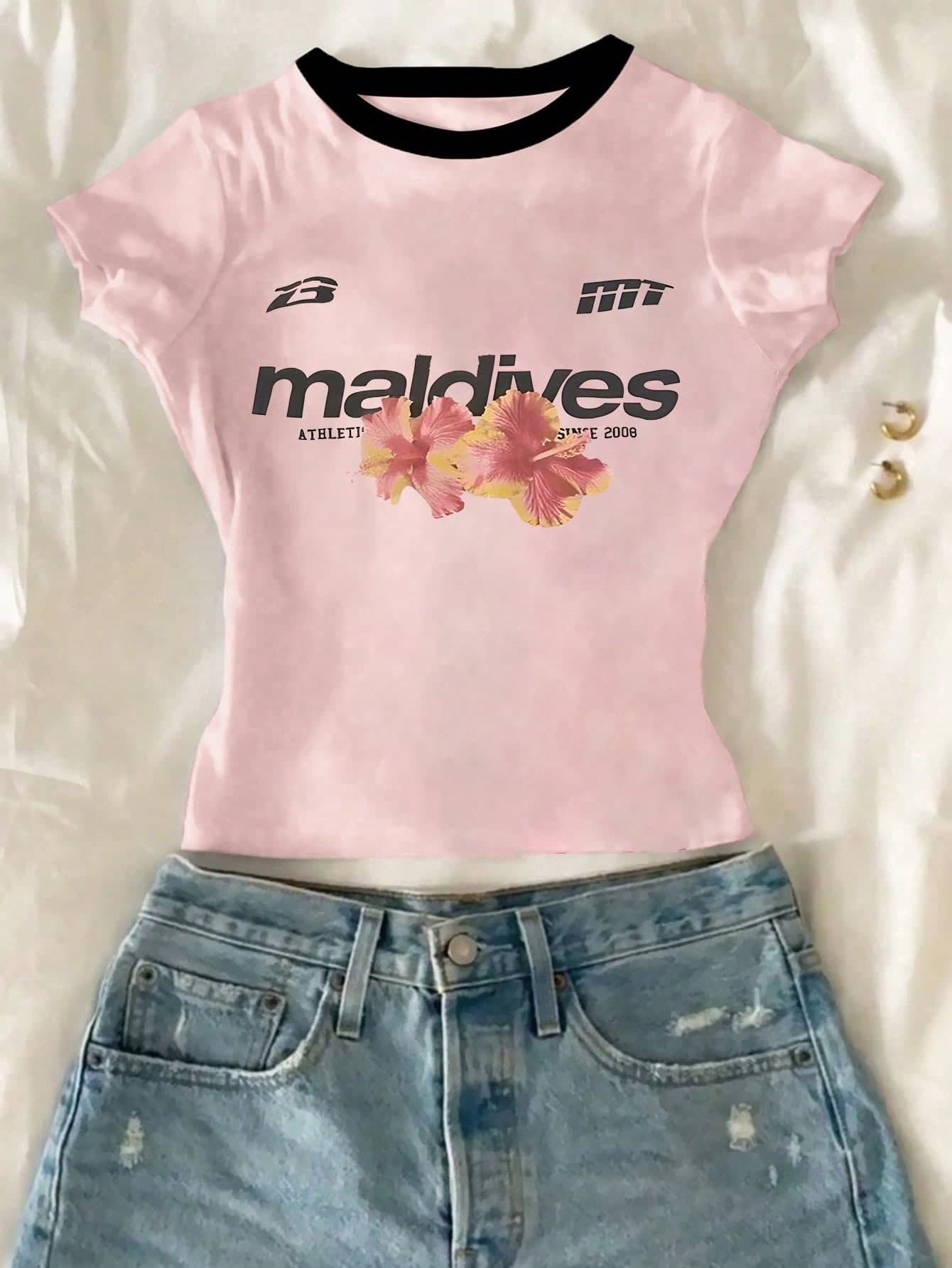SHEIN Sparklyn Tween Girls' English & Floral Print Cropped Short Sleeve T-Shirt,Pink,Summer,Y2k,Vacation,Holiday,Casual Comfortable Tee For Sports,School,Gifts