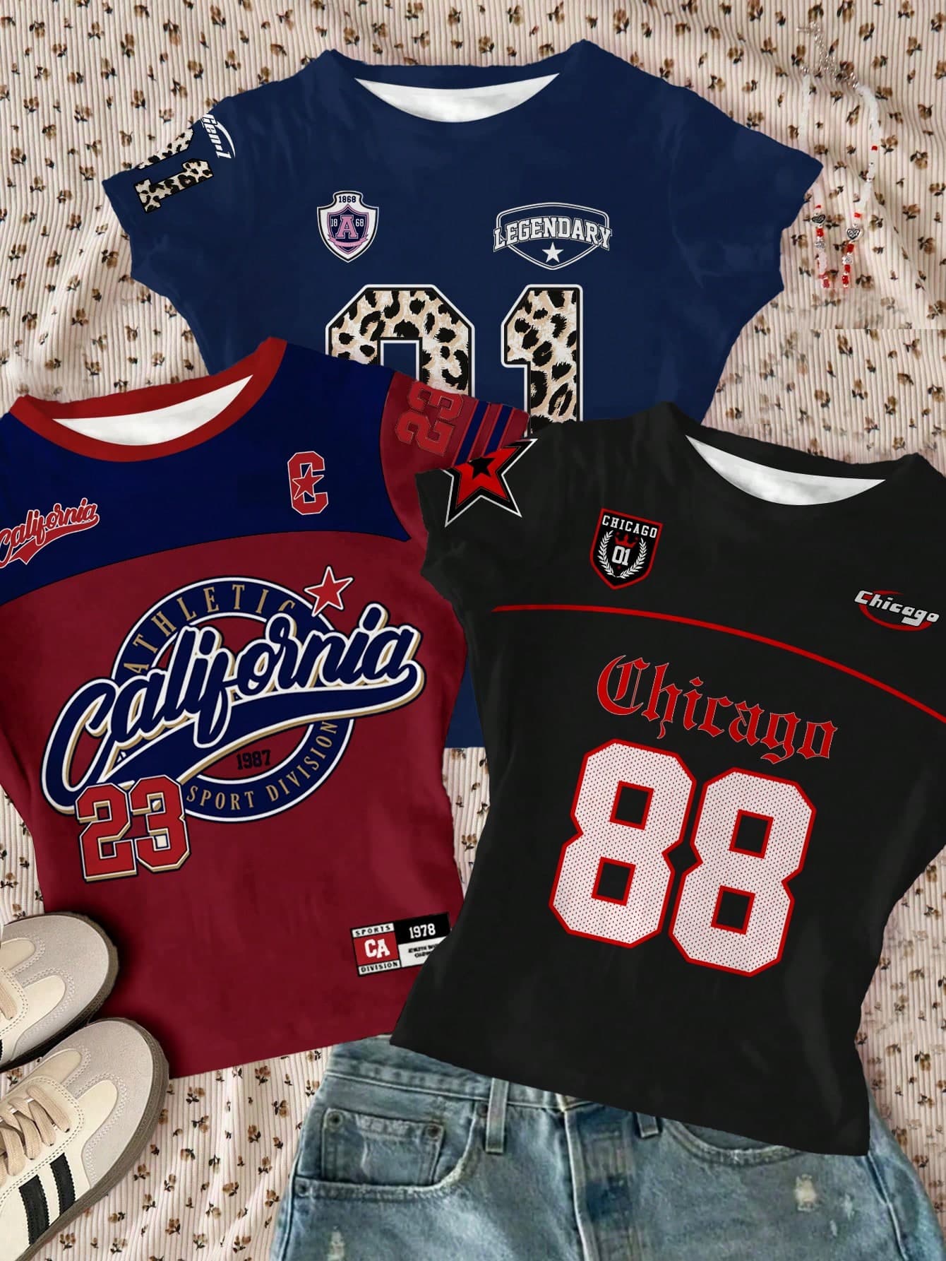 3pcs/Set Teen Girls' Short Sleeve T-Shirts,Blockcore Tee,Streetwear,Back-To-School,Summer,Graduation,Navy,Casual Jersey Number Graphic Numeric Print