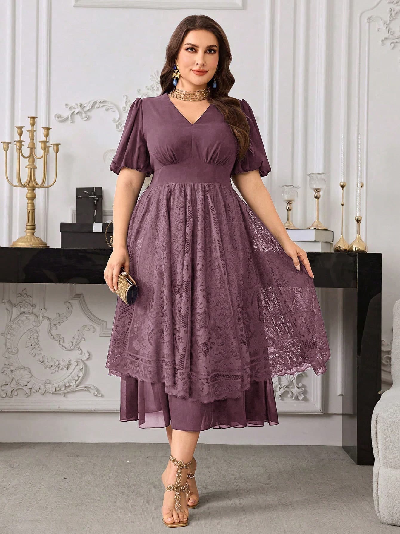Modelyn Plus Size Women V-Neck Lantern Sleeve Lace Waist Defined Elegant French Romantic Dress