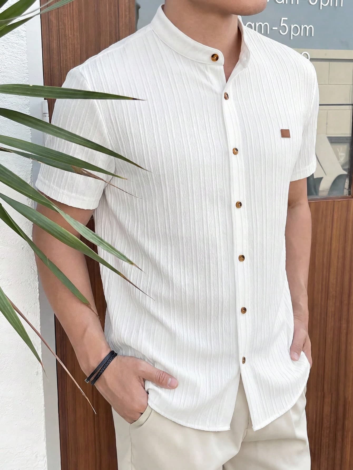 HIMLAND Light Blue Short Sleeve Shirt - Textured Weave, Button Front, Chest Pocket. Men's Casual Summer Vacation Style. Relaxed Fit, Beach Resort Essentia