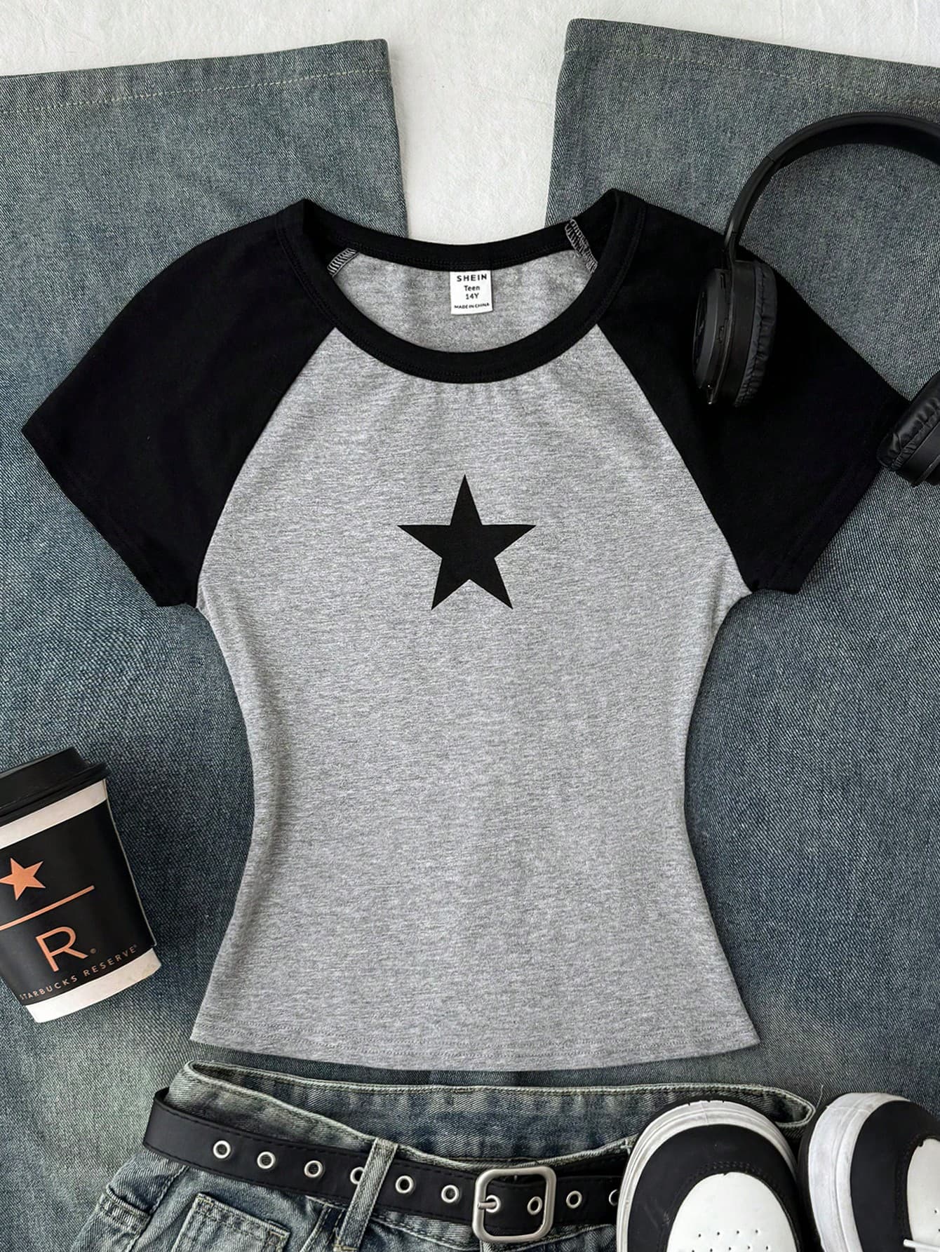 SHEIN Teen Girl Colorblock Star Print Stretch Fitted Short Sleeve T-Shirt Tee Rock Girls Cute Shirt With T Baseball For Girls,Kids