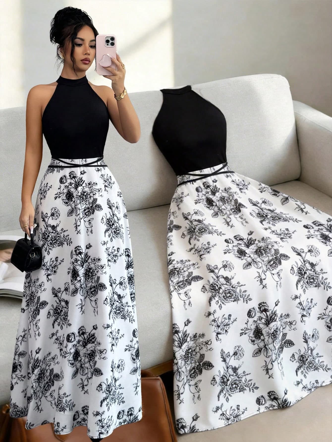 Elenzga Women's Summer New Arrival French Patchwork Sleeveless Dress, Unique Design Printed Halter Neck Contrast Color Fitted Cinched Waist Dress