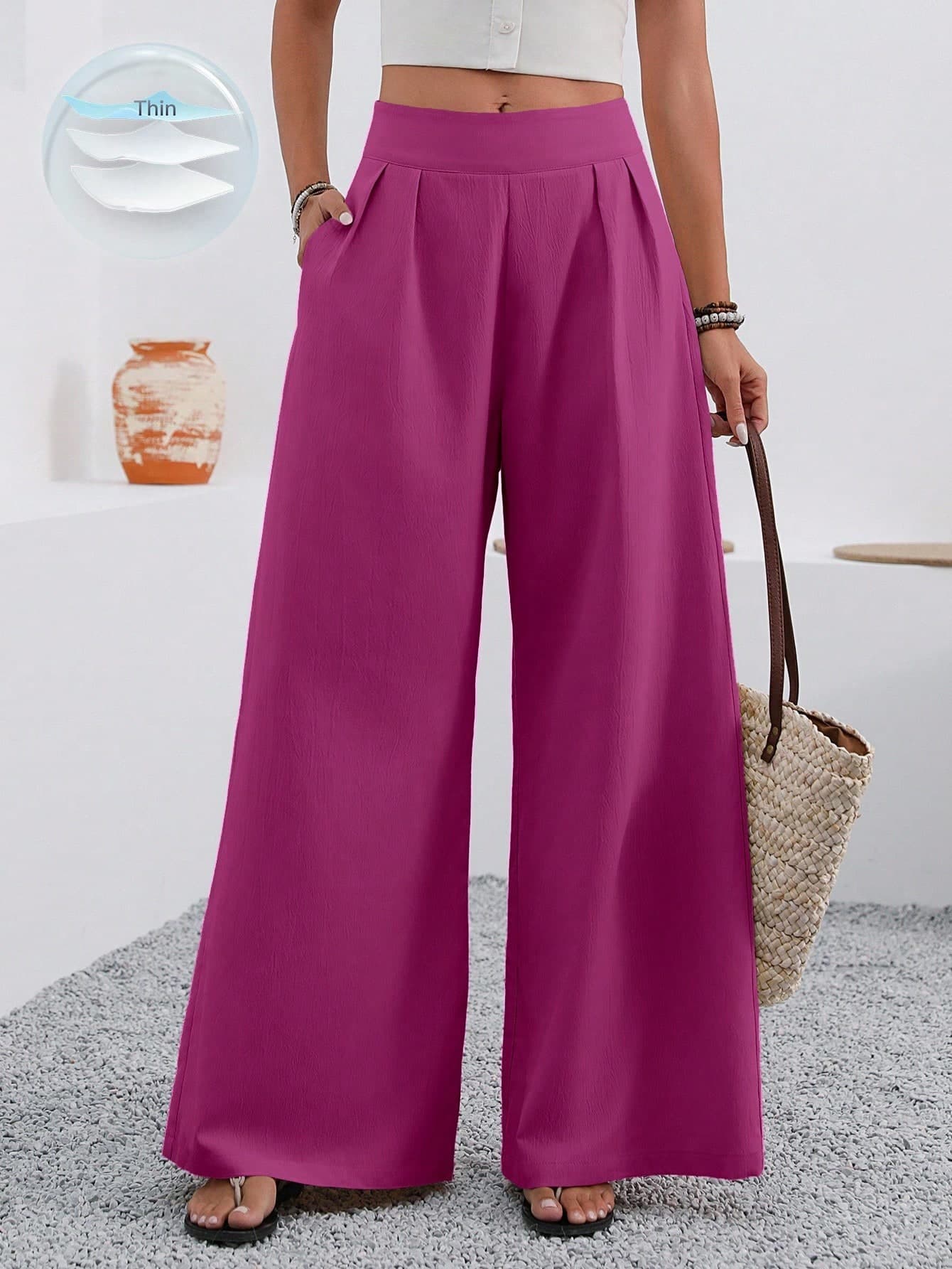 EMERY ROSE Women's Solid Color Pleated Pocket Wide Leg Loose Casual Pants