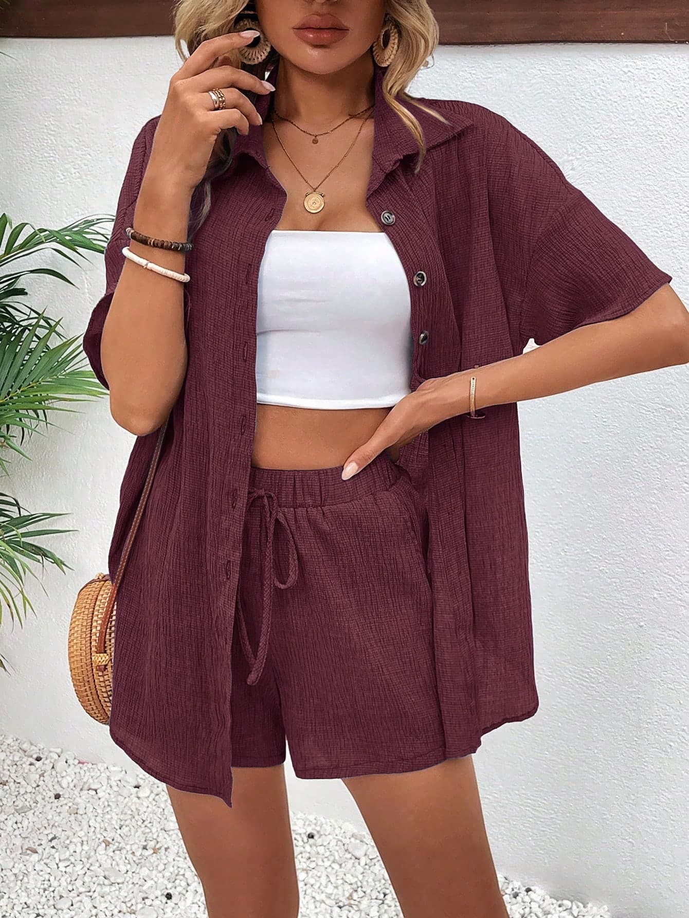 Breezaya Women's Burgundy Summer Casual Beach Vacation Holiday 2 Pieces Set,Solid Color Drop Shoulder Short Sleeve Button-Up Shirt And Shorts Outfit Sets