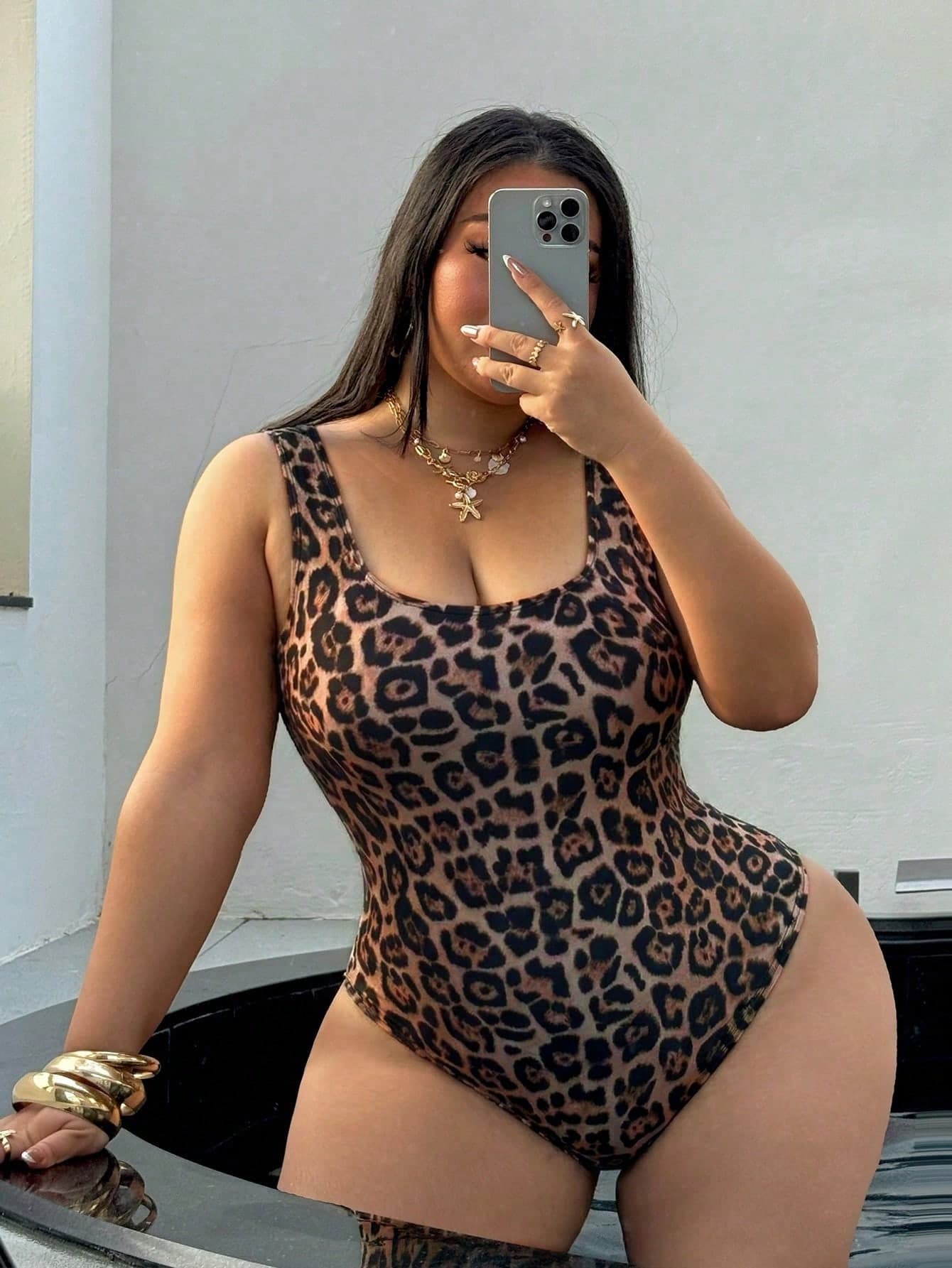 Swim SXY Plus Size One-Piece Swimsuit, Summer Beach Gym Vacation Leopard Print Backless Swimwear Brown Sexy