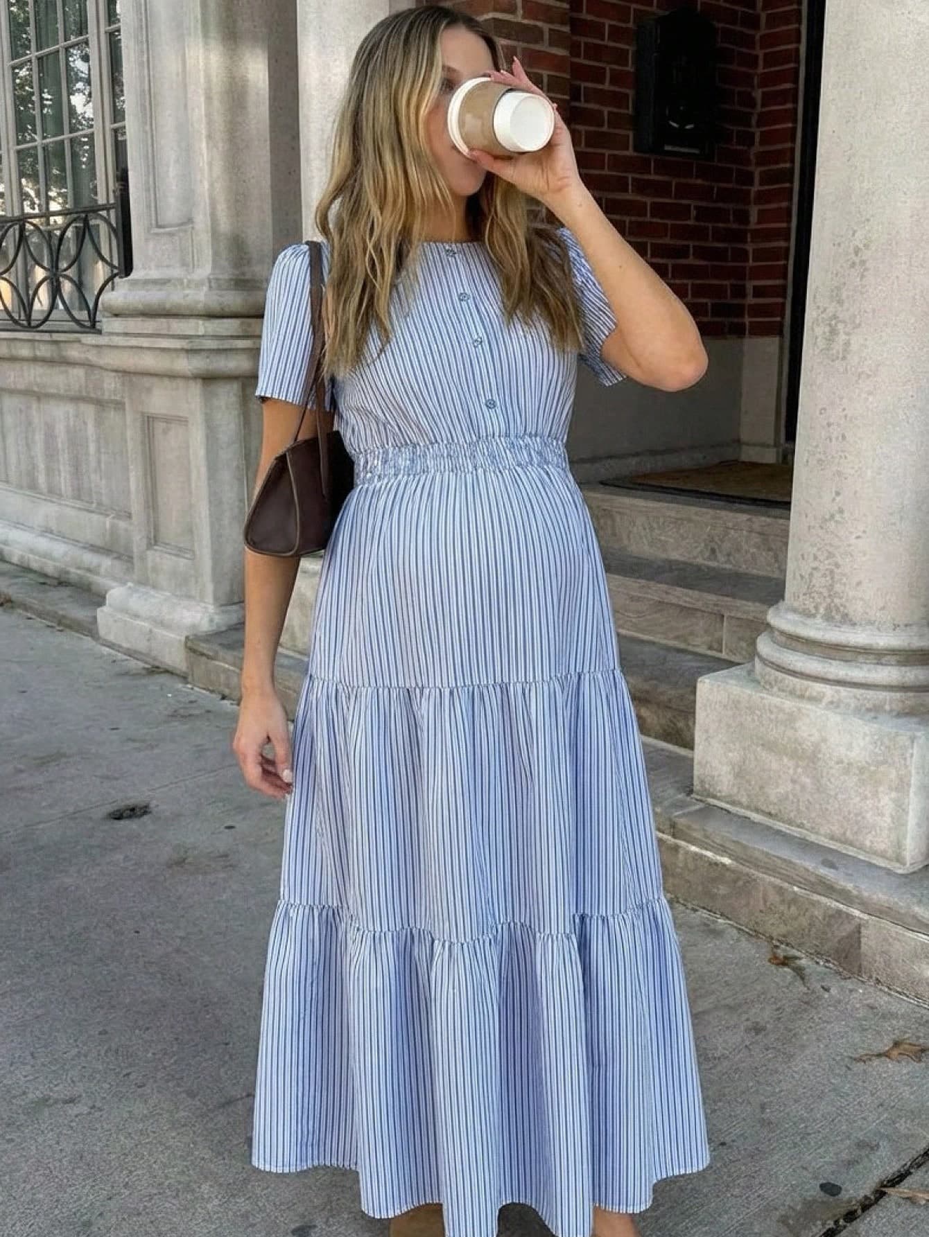 MaterniWear Maternity Casual Striped Short Sleeve Dress For Summer