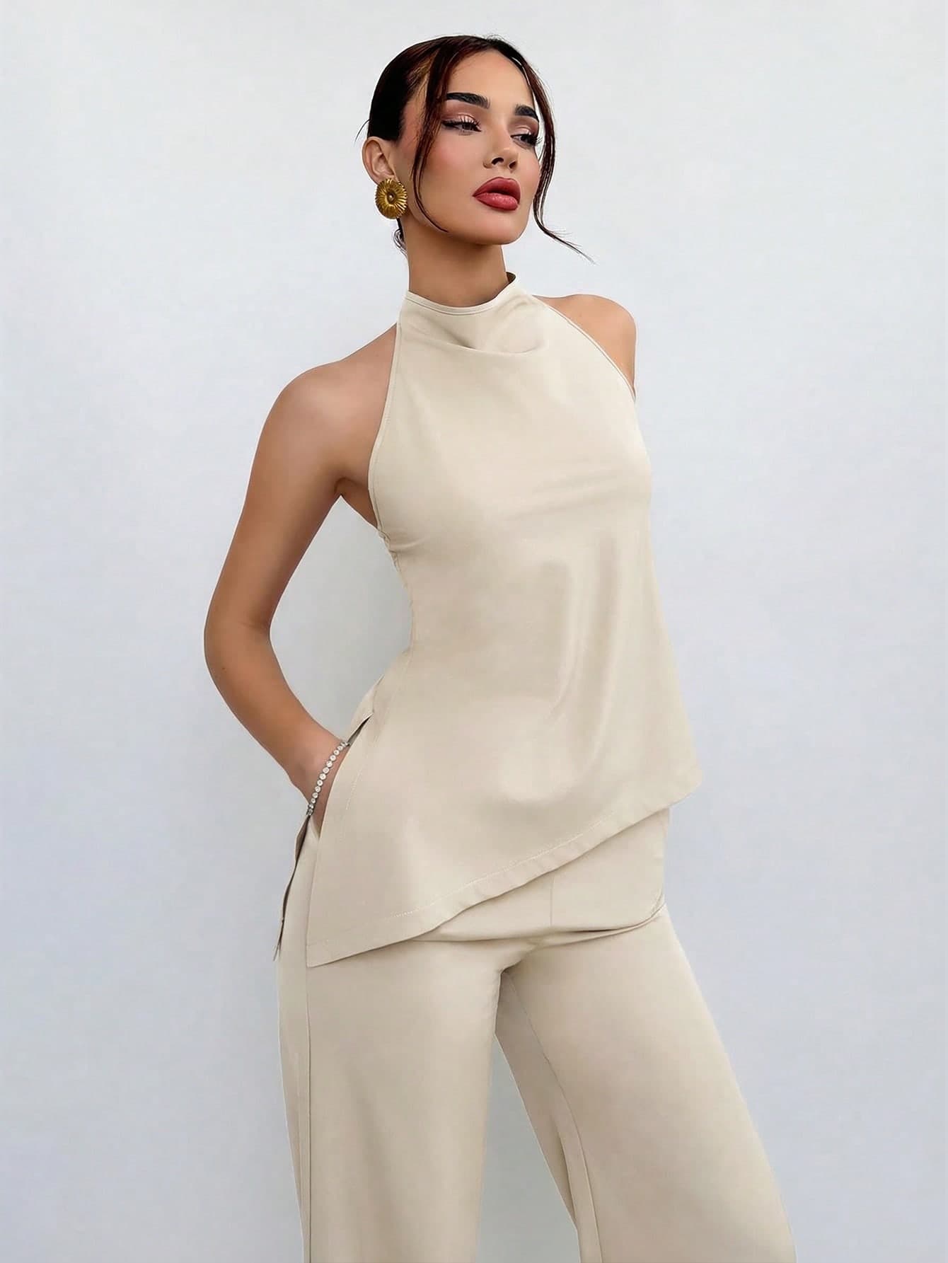 Aloruh Women's Solid Color Asymmetric Hem Halter Neck Blouse + Pants Suit, Commuting Outfit,Work Outfits For Women,Vacation Outfits Women