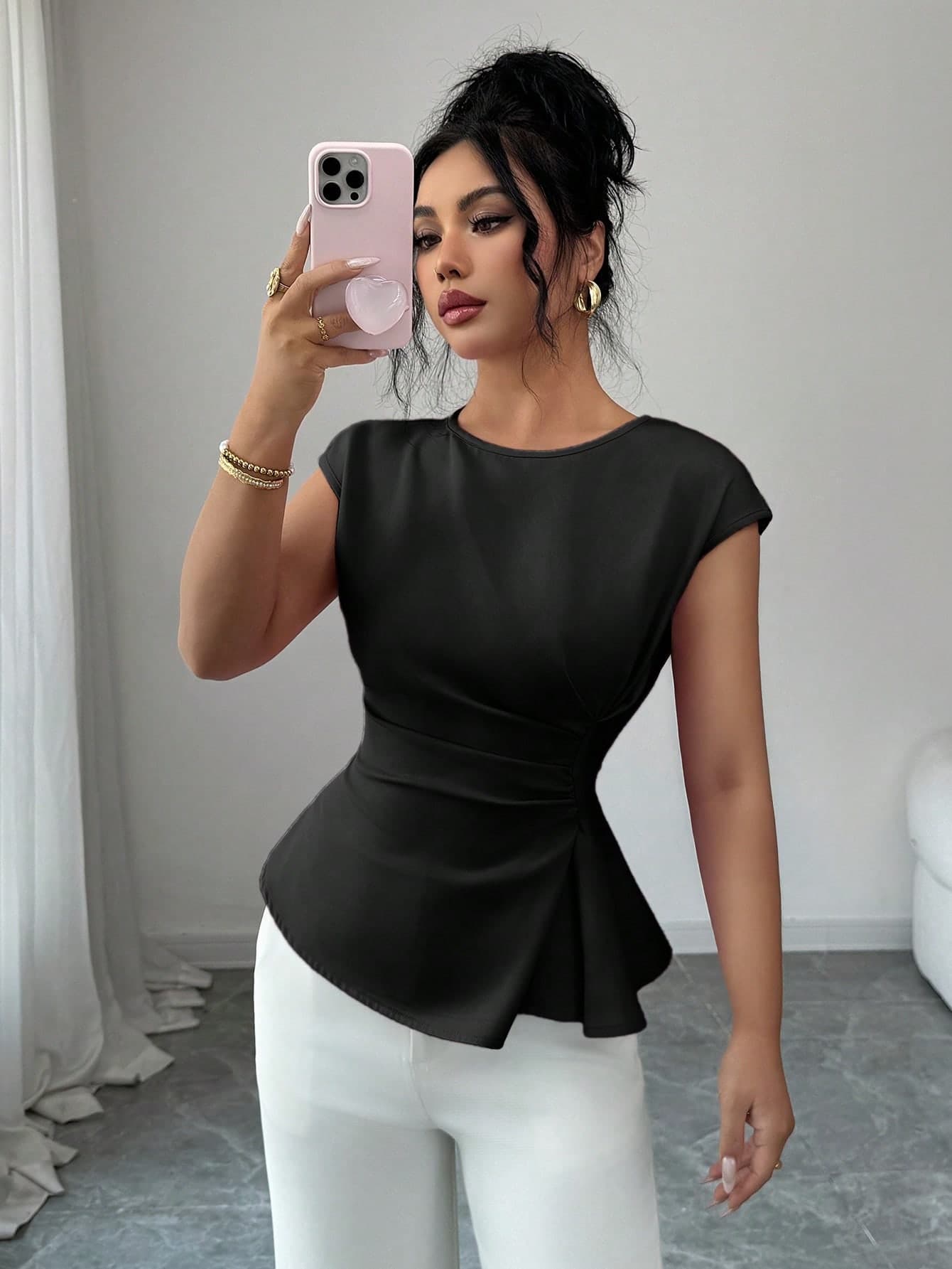 Elenzga Women's Black Elegant Summer Office Round Neck Cinched Waist Top, French Sweet Vacation Workplace Wedding Party