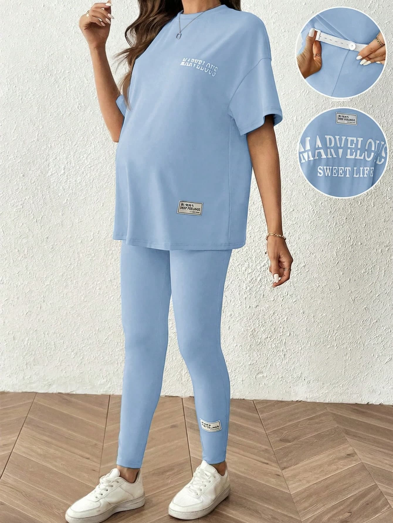 SHEIN 2pcs Maternity Letter Print Round Neck Drop Shoulder Short Sleeve T-Shirt And Adjustable Waist Leggings Set