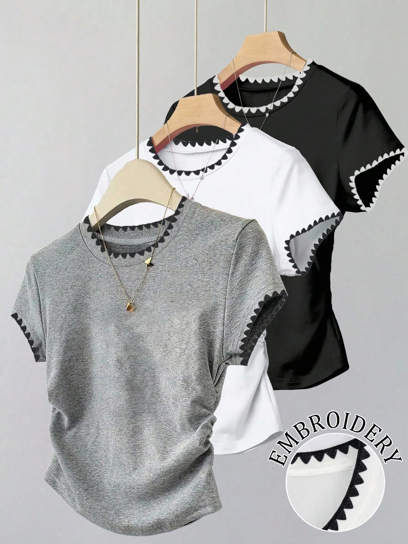 Resyla 3pcs/Set Women's Summer Casual Tops,Black/White/Gray Dog Tooth Embroidery Slim Fit Sporty T-Shirts,Black And White School Teacher's Day Style