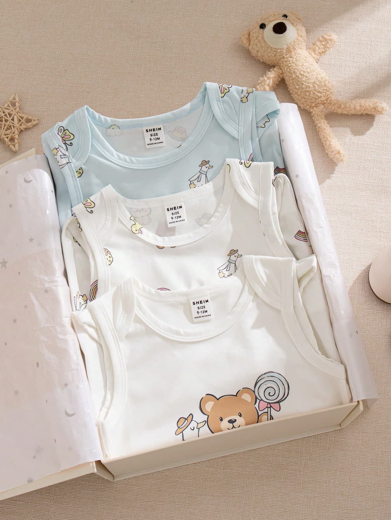 Souflis Souflis 3pcs/Set Baby Boys' Cute Bear Print Light Blue Romper, Summer Home & Crawling Outfit