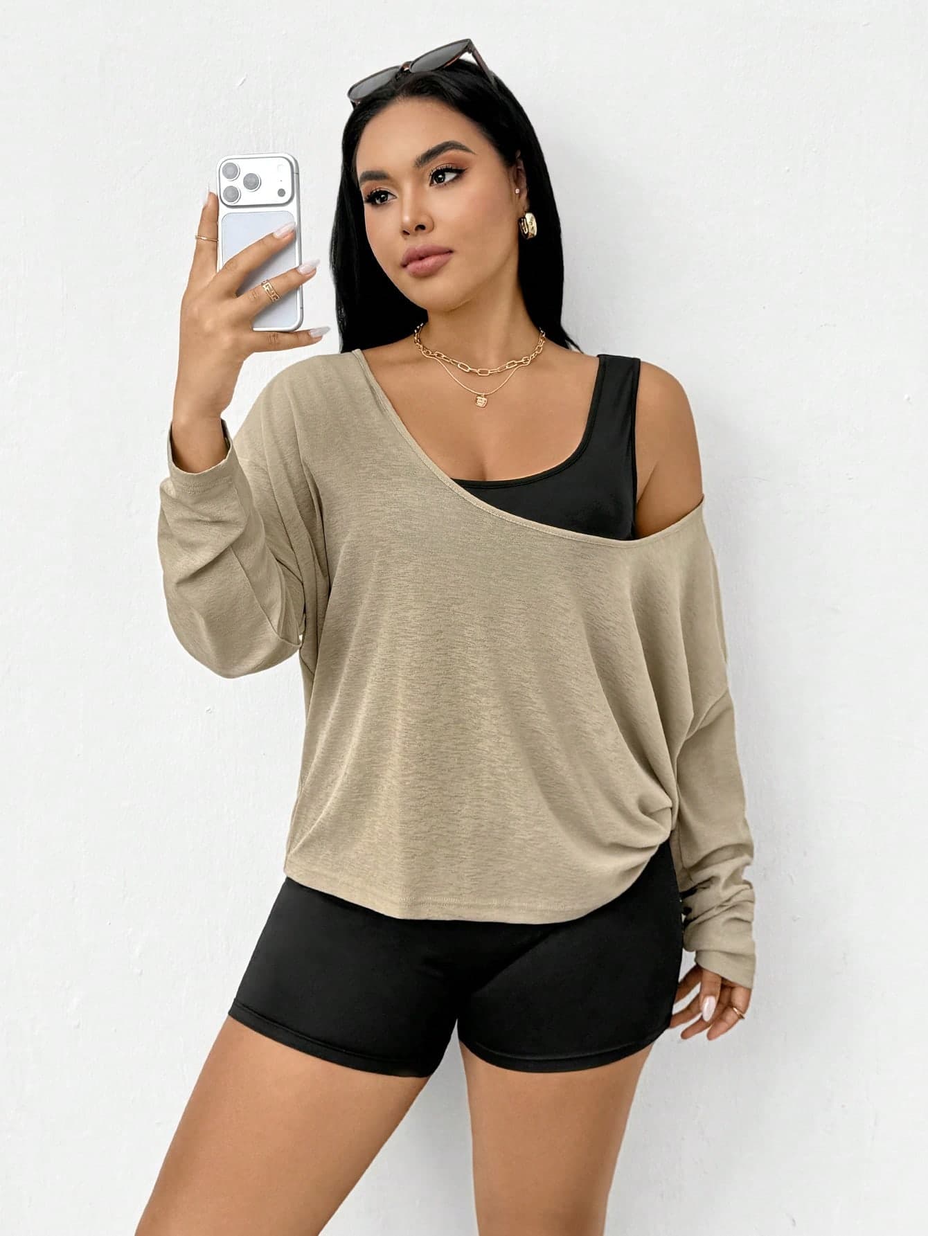 SHEIN Essnce Plus-Size Women's Autumn Sexy Chocolate Brown Romper Sun Protection Cover-Up 2 Pieces Set, Stretchy Workout Yoga Gym Coords Outfits Lounge