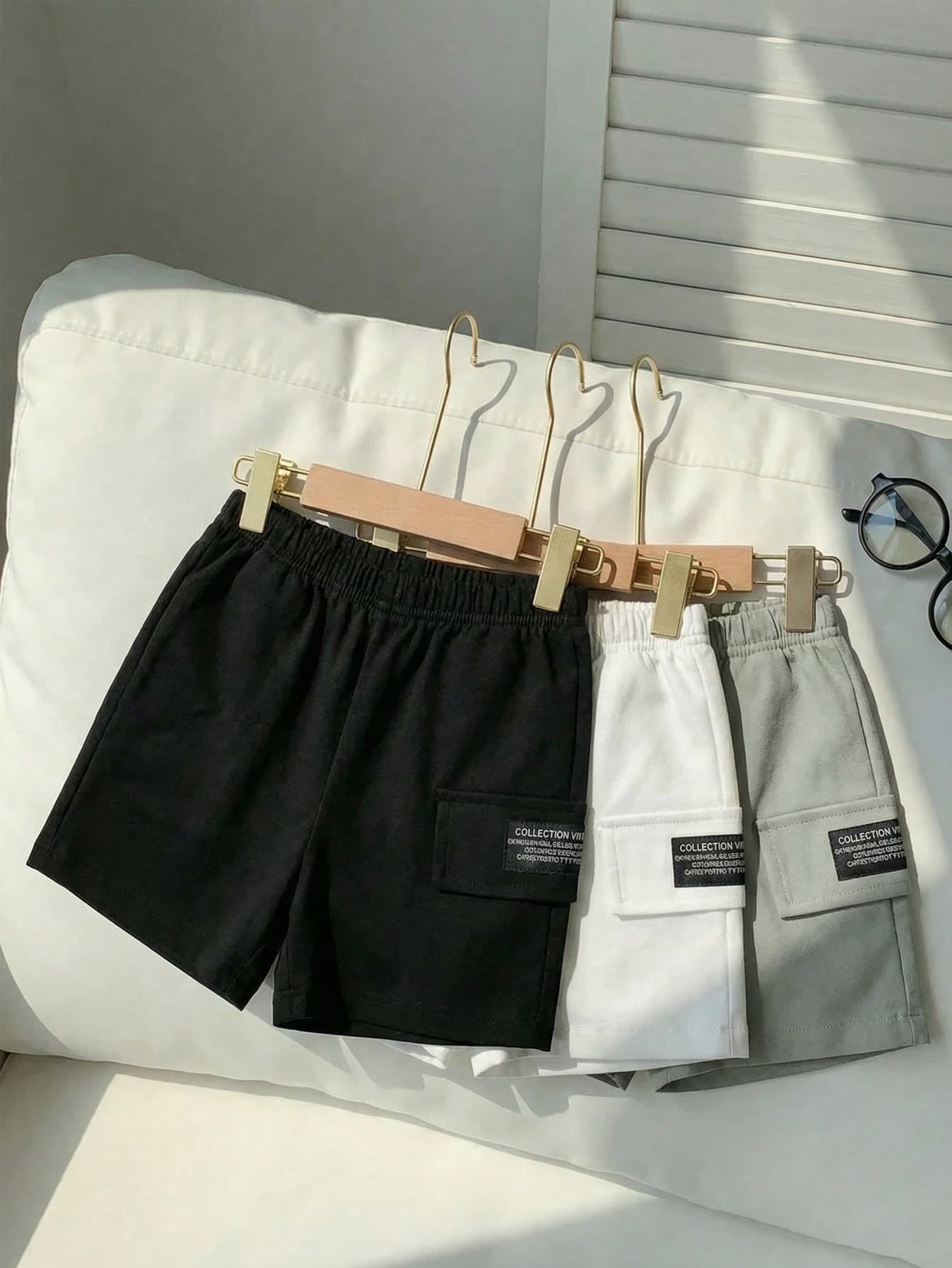 SHEIN Playful Pals 3pcs Baby Boys' Elastic Waist Shorts With White Letter & Black Graphic, Casual Cargo Style Bottoms, Suitable For 6M-3T, Summer