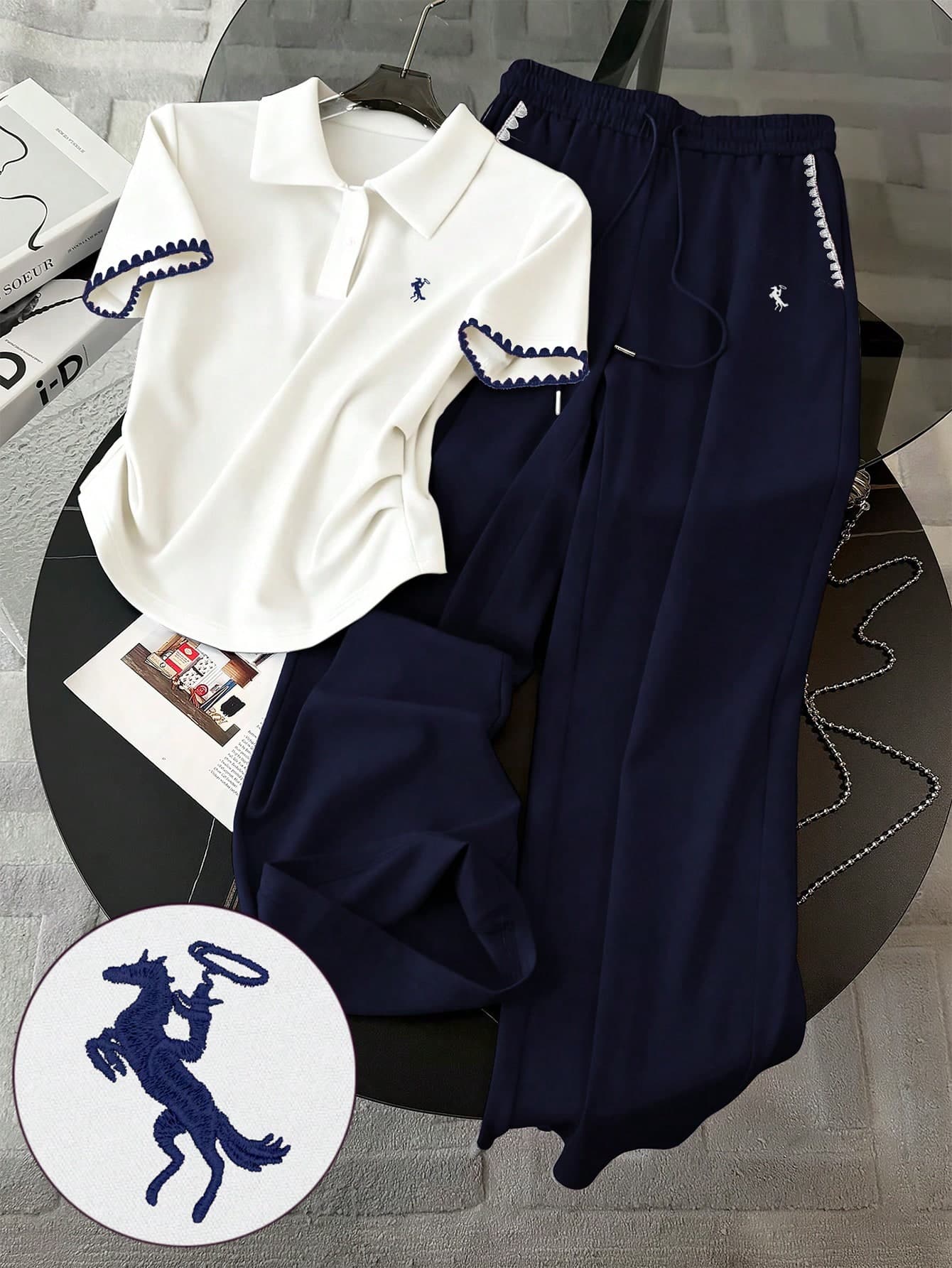 SHEIN Women Polo Collar T-Shirt + Pants Set,Navy Blue And White,Summer,Casual,Vacation,Embroidered Shell,Minimalist Special Craftsmanship Gift For Friends
